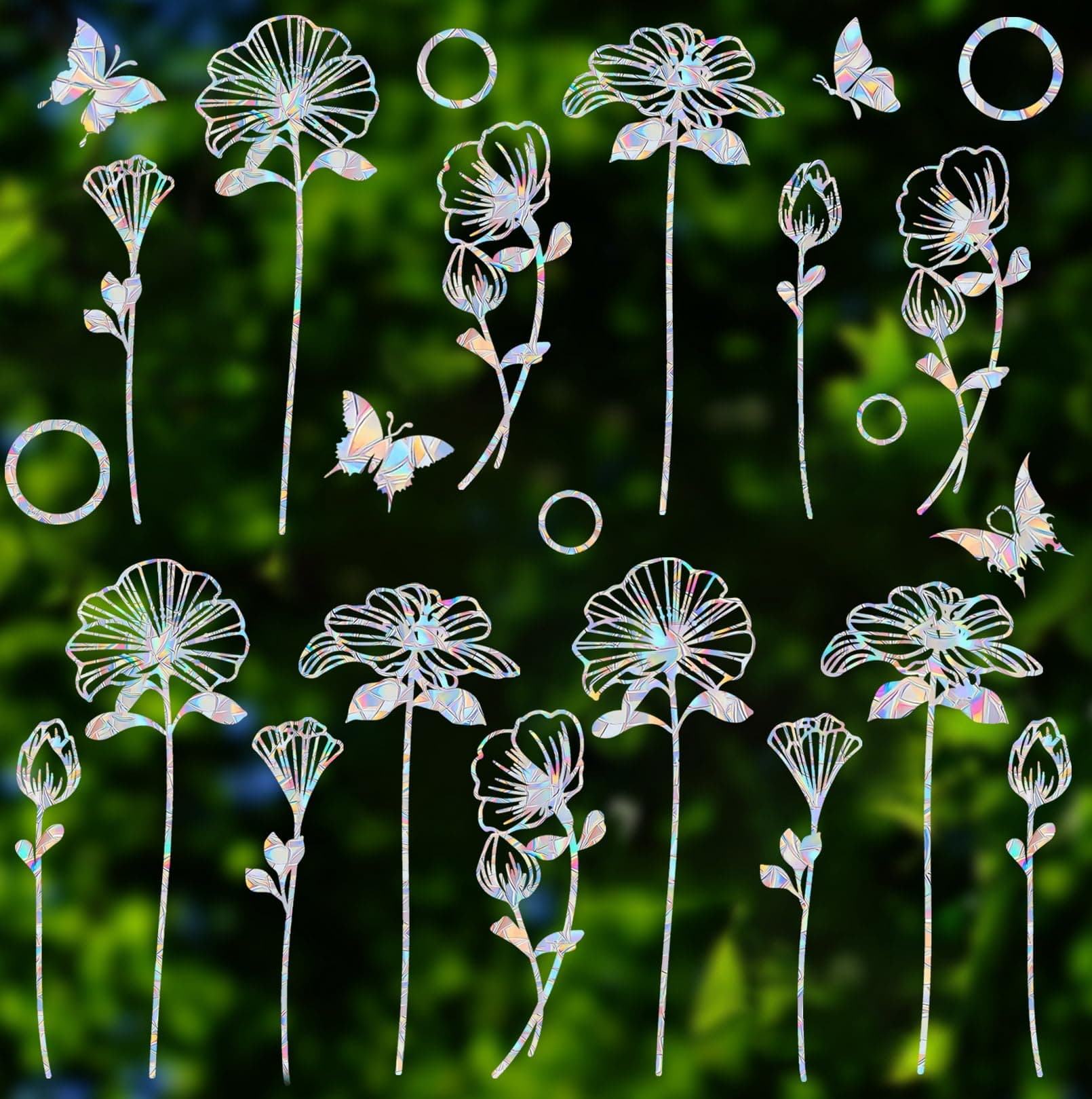 25 Pieces Flower and Butterfly Ring Window Decals for Bird Strike Prevention - Reusable Rainbow Suncatcher Clings to Save Birds, Non-Adhesive Anti-Collision Stickers, Easy Remove No Residue