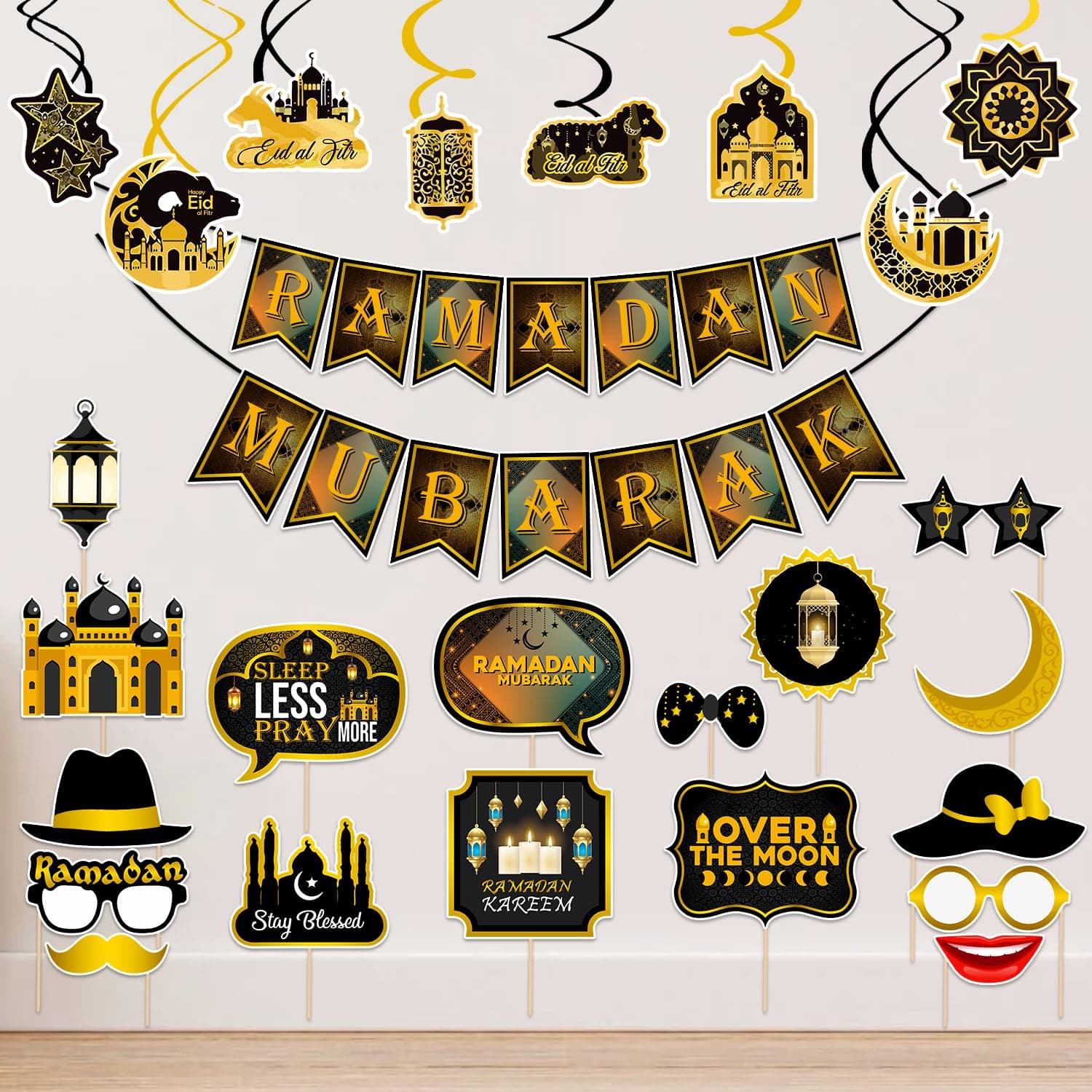 Zyozique ® Ramadan Mubarak / Eid Mubarak Muslim Themed Party Decorations Set - Paper Banner , Swirls & Photo Booth Props, Ramadan Mubarak Photo Booth Props (Pack Of 26)