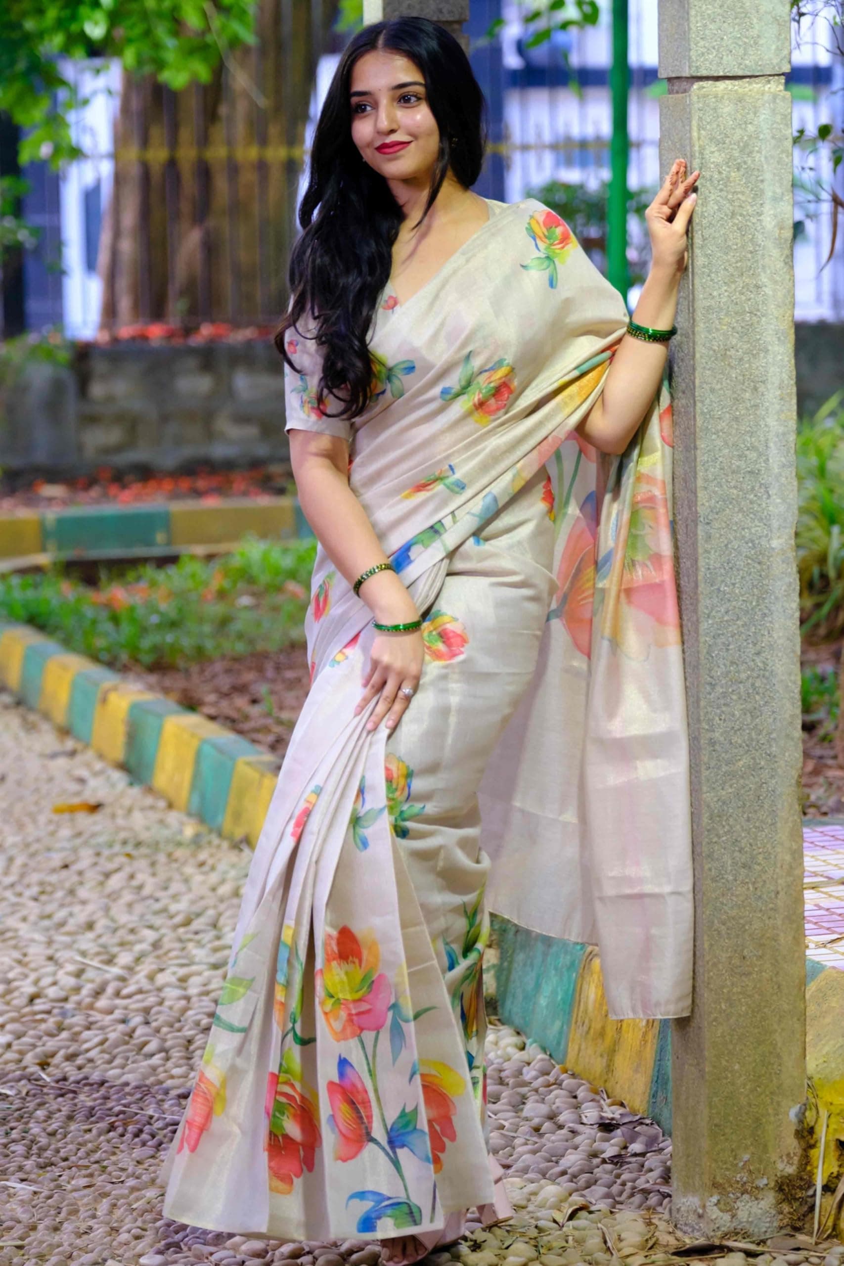 Yashika Women's Floral Digital Print Chandheri Saree with Unstitched Blouse Material