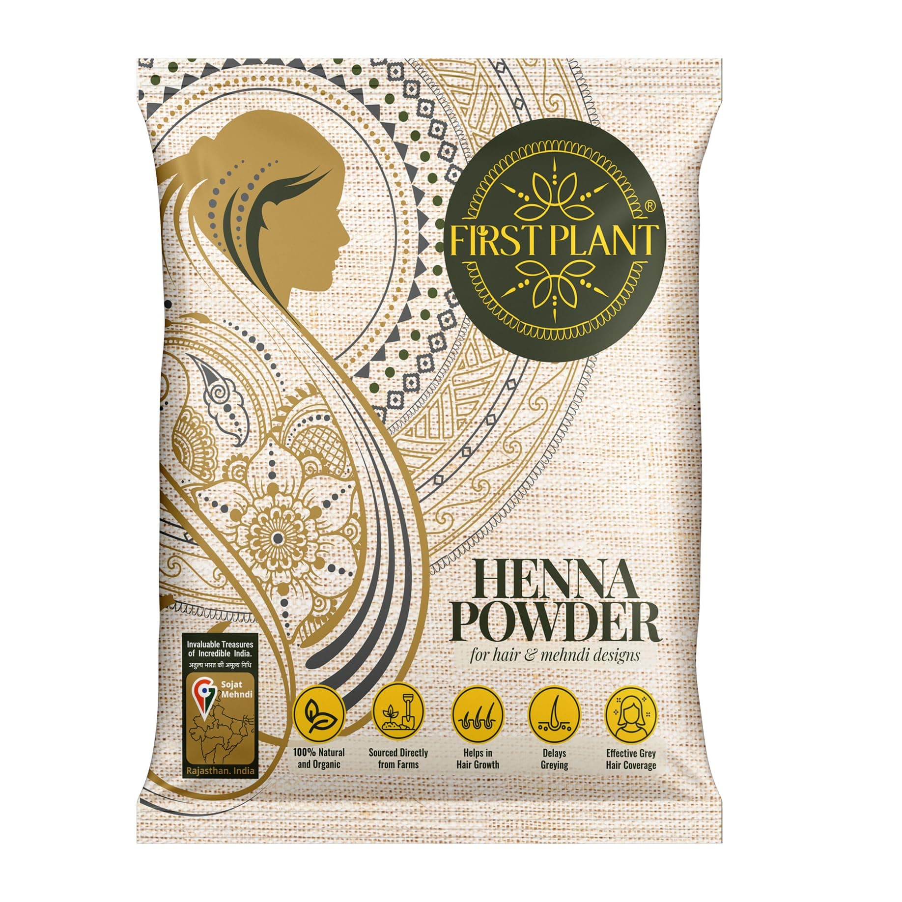 FIRST PLANT Premium Rajasthani HENNA POWDER | 100% Organic Henna Powder for Hair Colour and Hair Care I GI Tagged Henna directly from Farms | Mehndi Powder for Hair (350 gm)