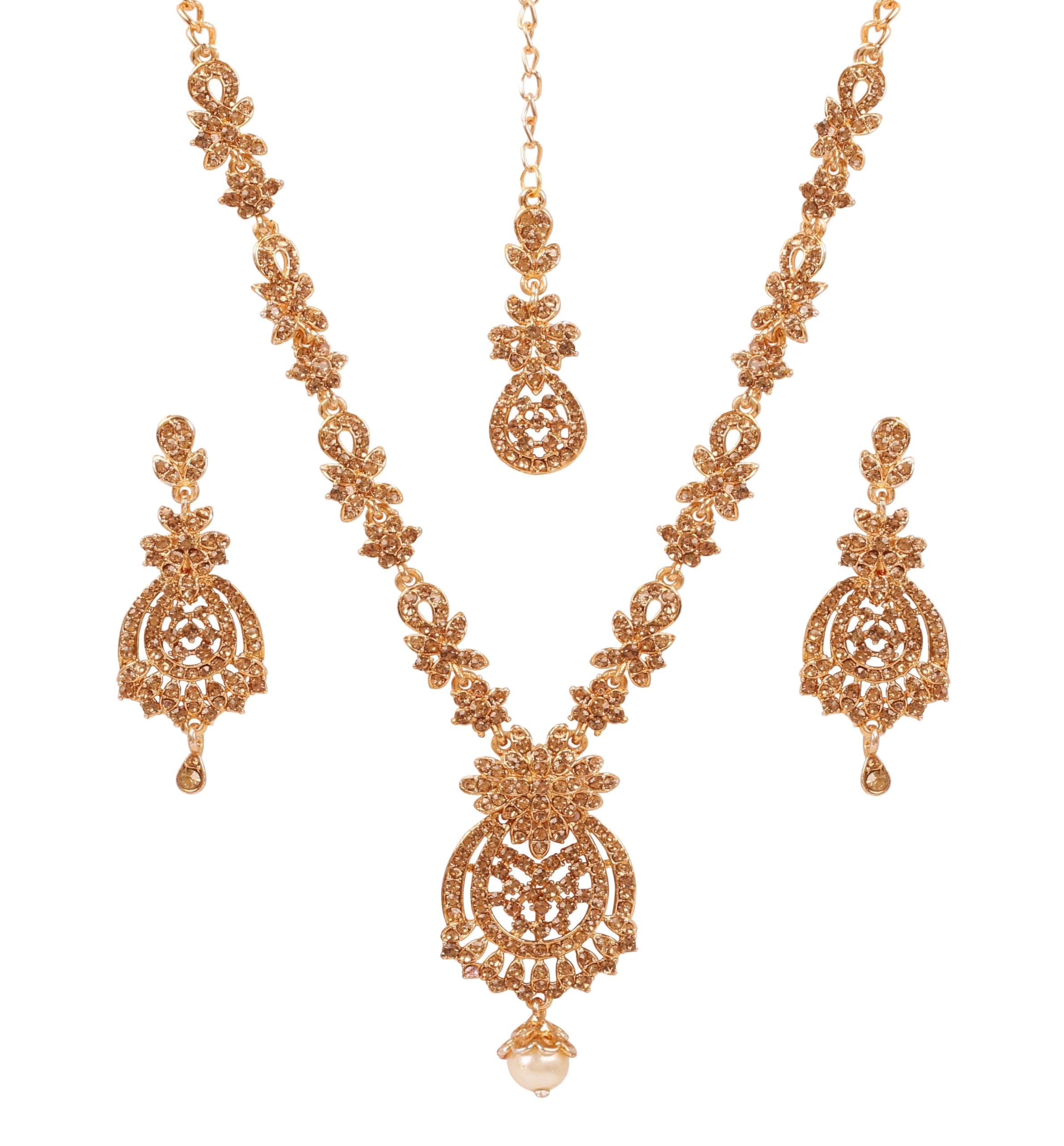New! Touchstone Indian Bollywood Awesome Fine Workmanship Stylish Studded Diamond Look Yellow Faux Citrine Rhinestone Designer Jewelry Necklace Set in Antique Gold Tone for Women.