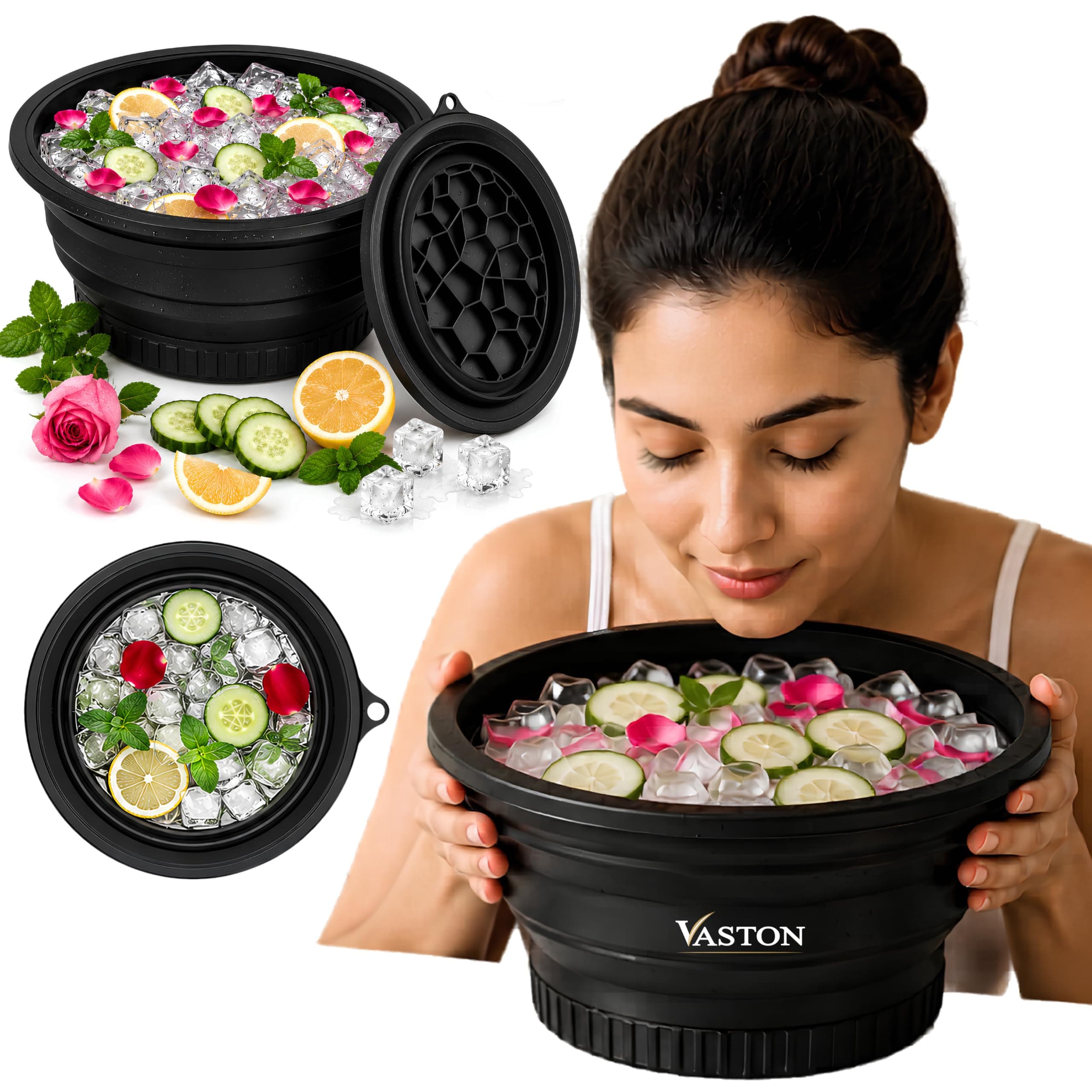 VASTON Ice Face Bowl with Built-in Ice Tray | Collapsible Silicone Facial Ice Bath Bowl for Face Icing | Reusable Ice Water Facial Bowl for Puffiness Relief & Skin Tightening | Black