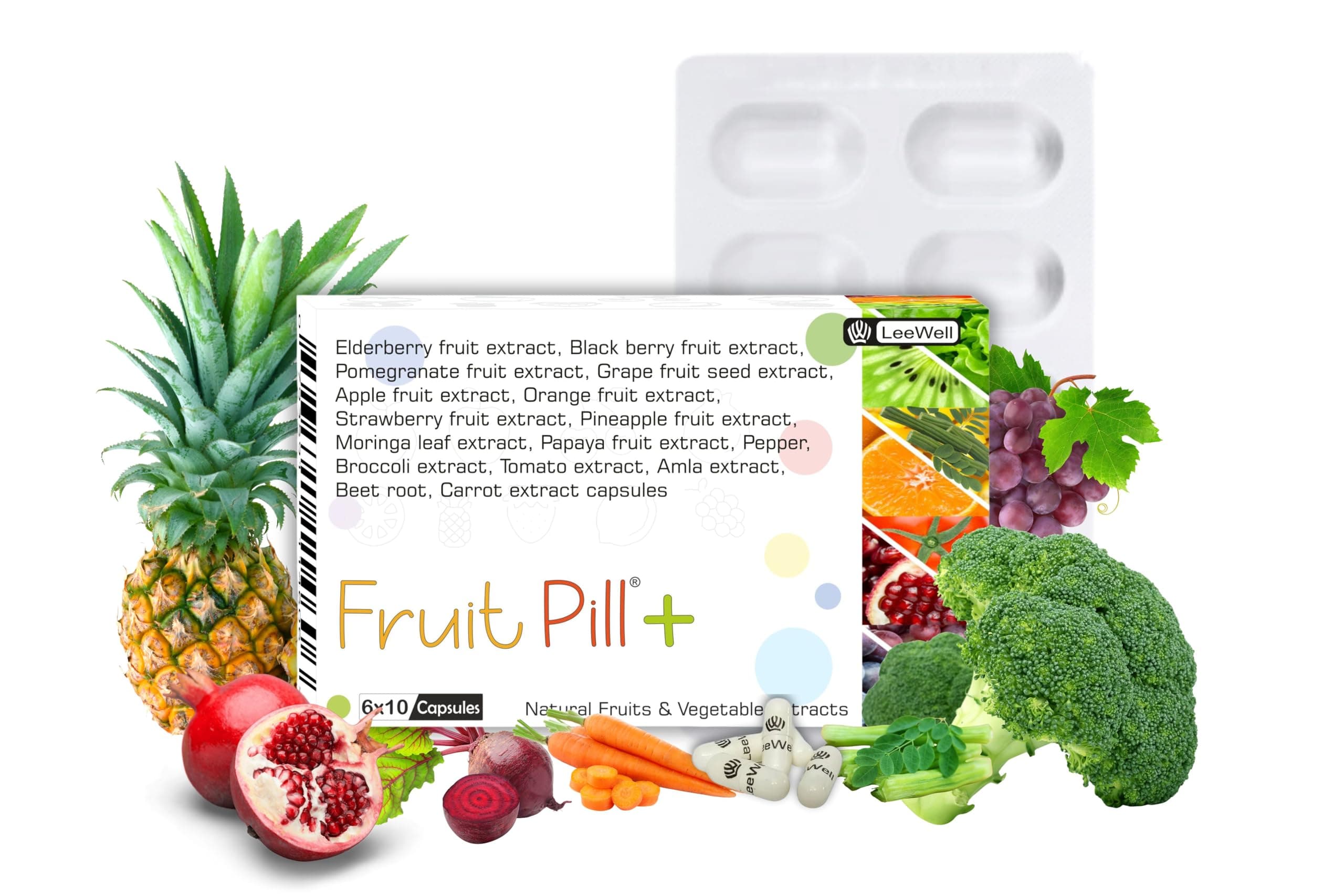 Fruitpill +Plus with Fruit & Vegetable Extract Capsules | Elderberry, Pomegranate, Moringa, Amla, Beetroot & Superfood Blend | Antioxidant, Immune & Energy Support Supplement – 60 Capsules
