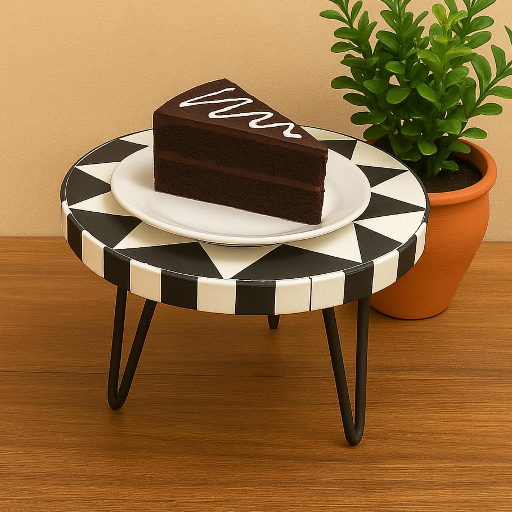 THE RAAVYA Wooden Cake Stand with Metal Legs | Designer Planter | Round Tray for Birthdays, Anniversary