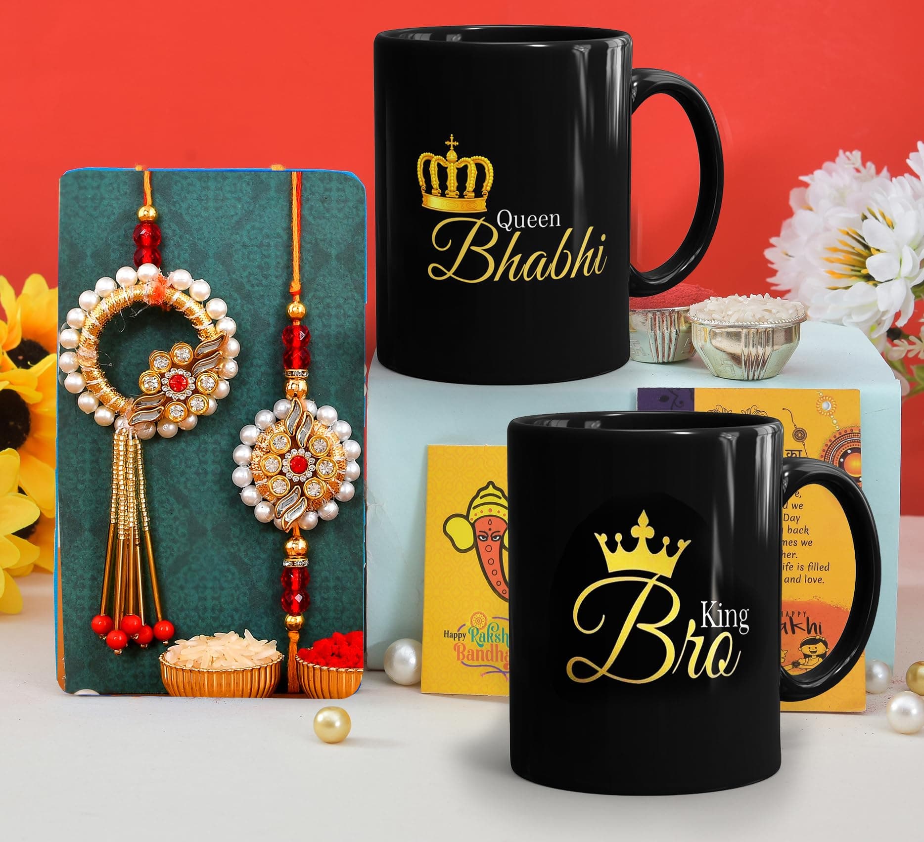 CraftVatika Rakhi for Brother and Bhabhi with Mug Gift Combo, Kundan Rakhi with Mug for Bhaiya Bhabhi Rakhi Set of 2, King Bhaiya Queen Bhabhi Quote Printed Mug Rakshabandhan Rakhi with Gift