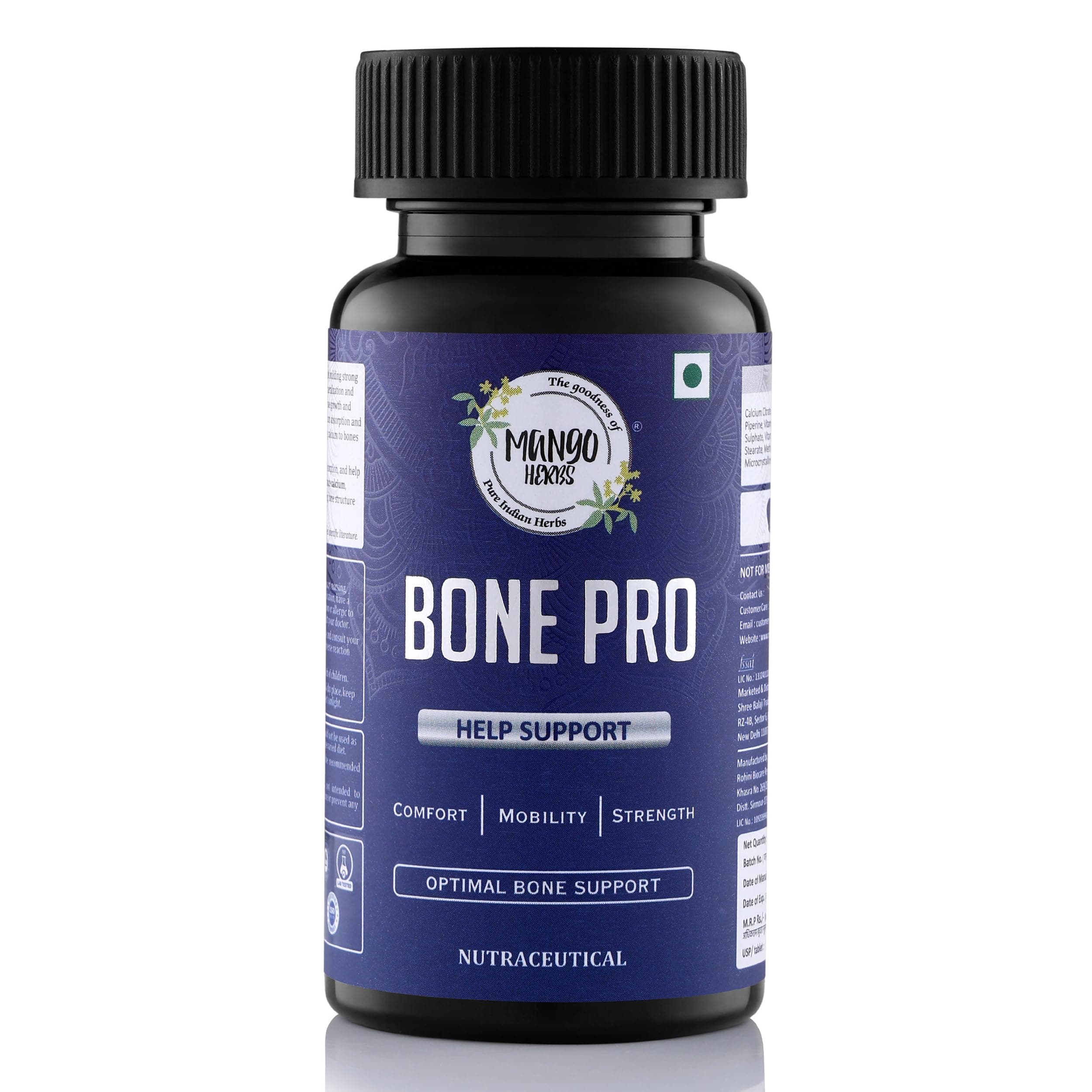 MANGO HERBS Bone Pro | Complete Bone Support | Calcium Citrate, Vitamin D3, K2 (MK-7), Magnesium Glycinate, Zinc, Manganese & Hadjod | 60 Tabs