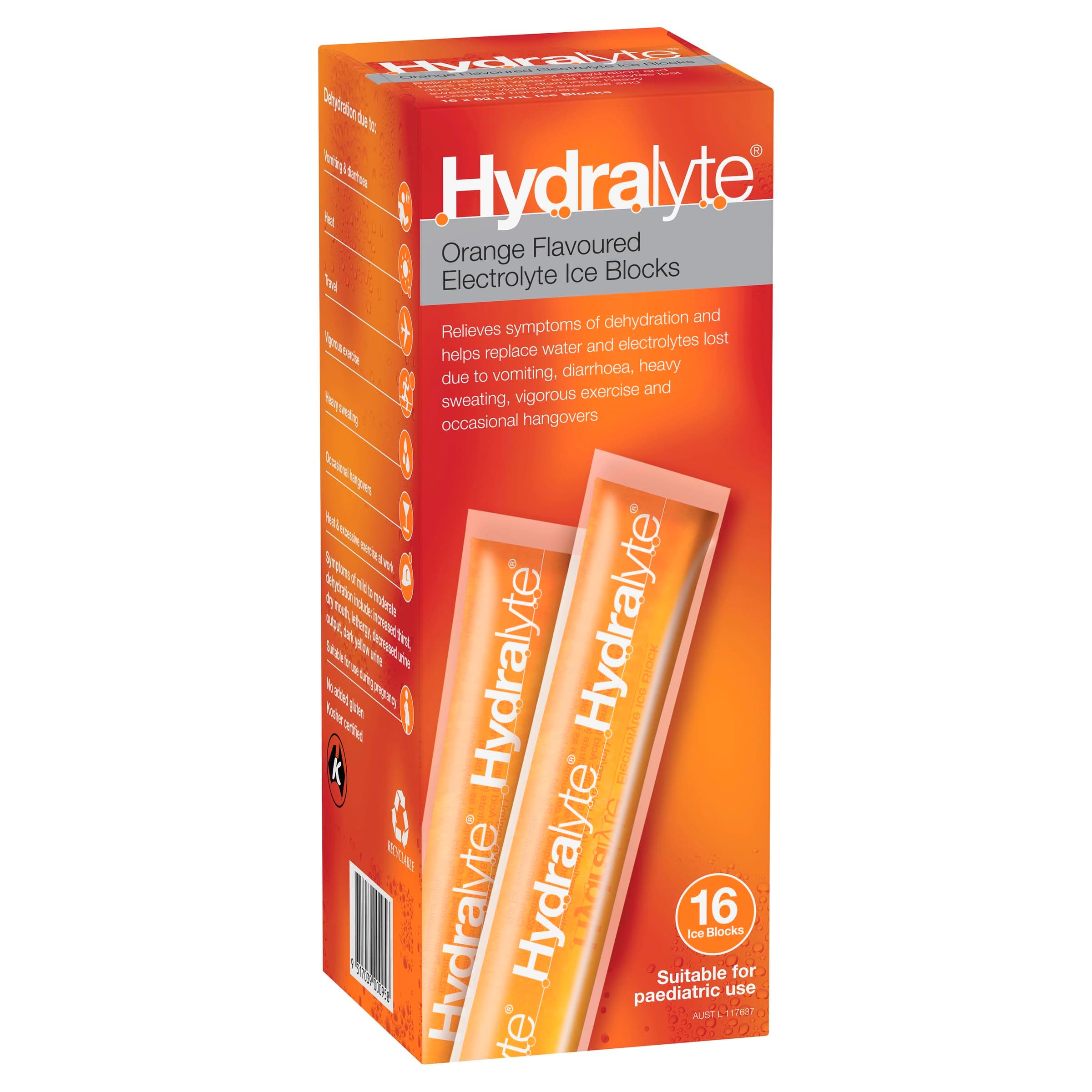 Hydralyte orange Flavoured Electrolyte Ice Blocks 16 Packs - Great for Hydration, Sport, Travel & Family Use