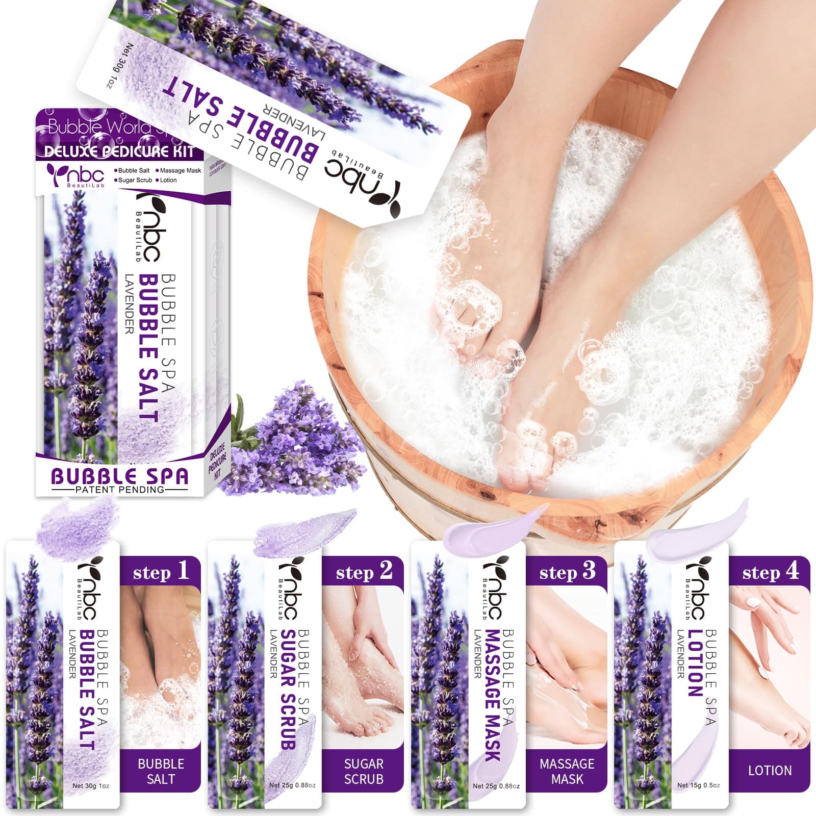 Spa Pedicure Kit, 4 Step Foot Treatment Pedicure Soak Kit - At-Home Foot Care for Feet Make Baby Soft Feet - Lavender Scent