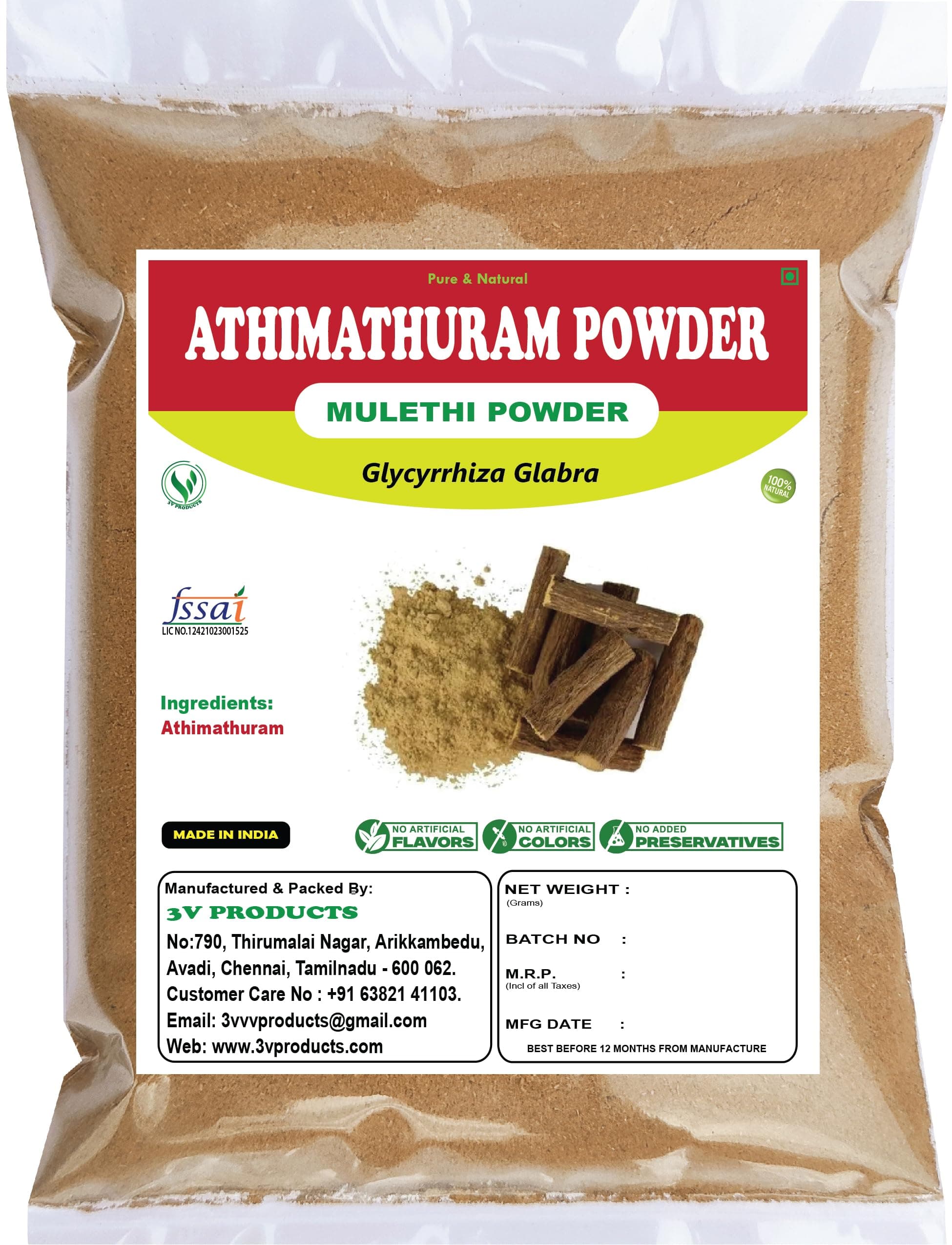 3V PRODUCTS Athimathuram Powder | Mulethi | Licorice | Glycyrrhiza Glabra - Pack of 2X50g