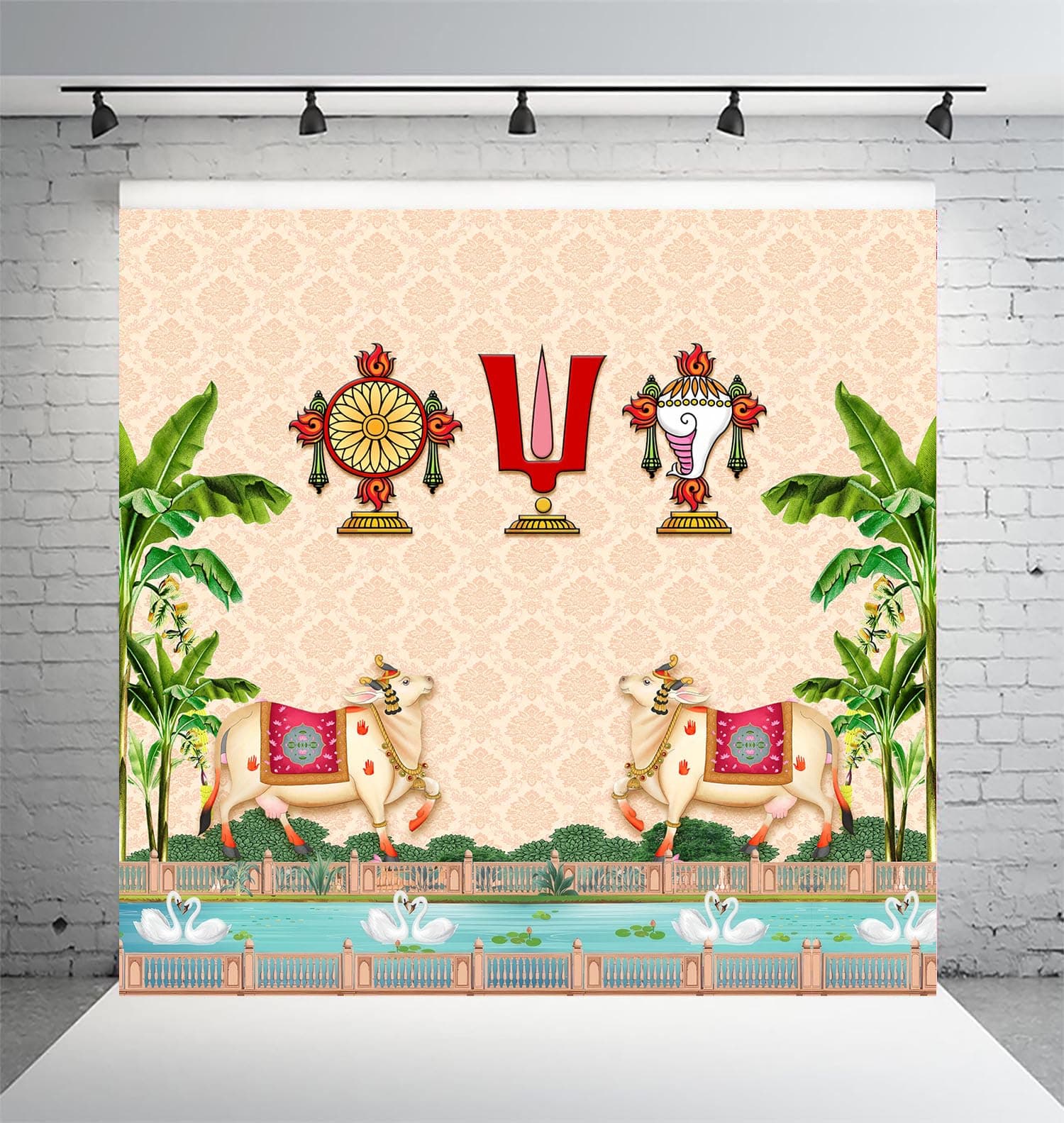 Dhara Creation Tilak Shankam and Chakram (8FT-8FT) Backdrop Cloth for Pooja Decoration and Traditional Background Curtain Cloth for Festival. (Washable Fabric)