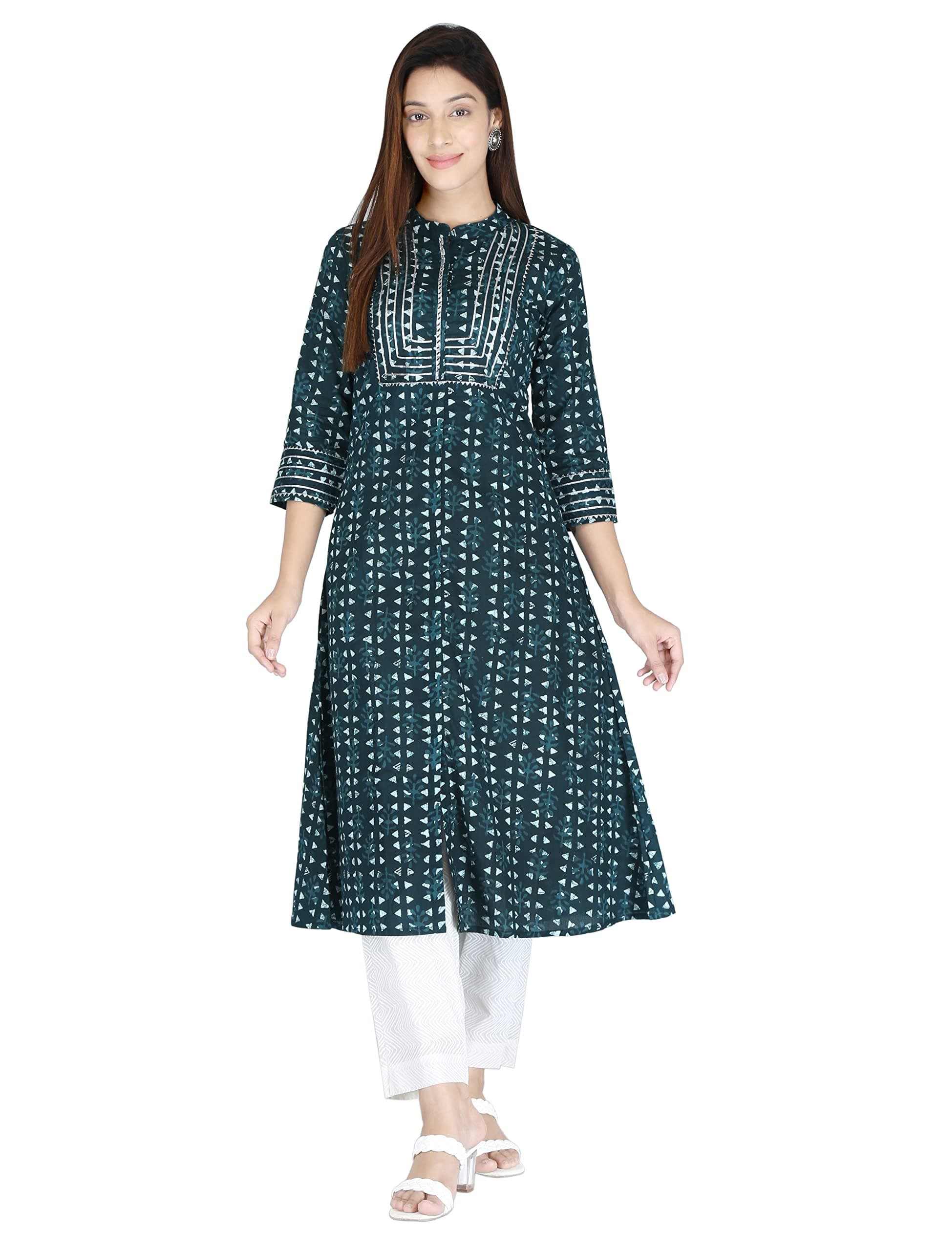 KANNAHI Women's Pure Cotton Ethnic Motif Print A-line Straight Kurta Jaipuri Sanganeri Printed 3/4 Sleeve Kurti for Casual Party & Festival Wear