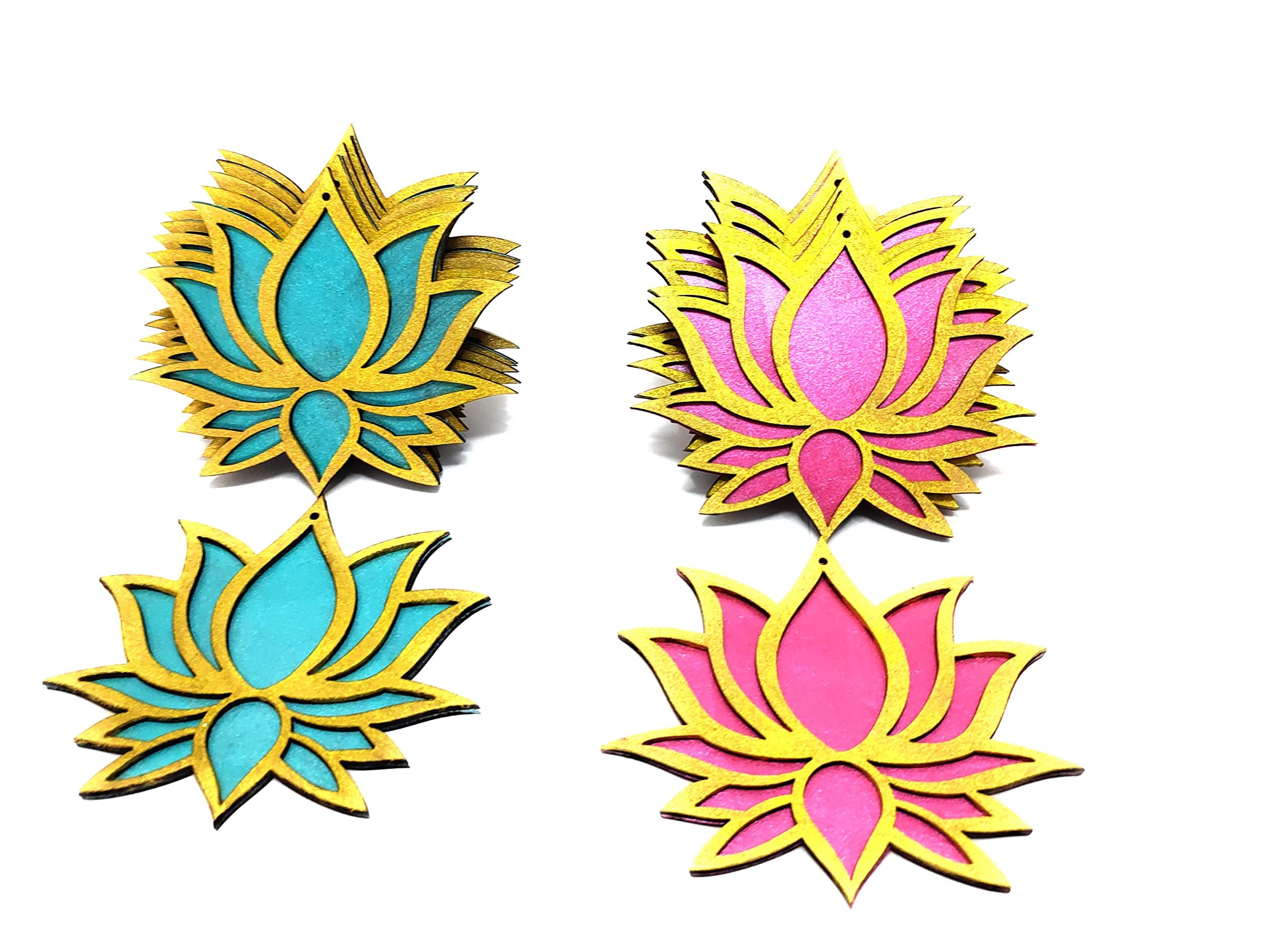 StepsToDo Set of 12 Golden Framed Lotus Flower Shape Wooden Cutout | Rose Pink (6) Ocean Blue (6) | Lotus DIY Rangoli Kit | Diwali, Dashera Decoration, for Pooja, Festival Gift, Wedding Decorations