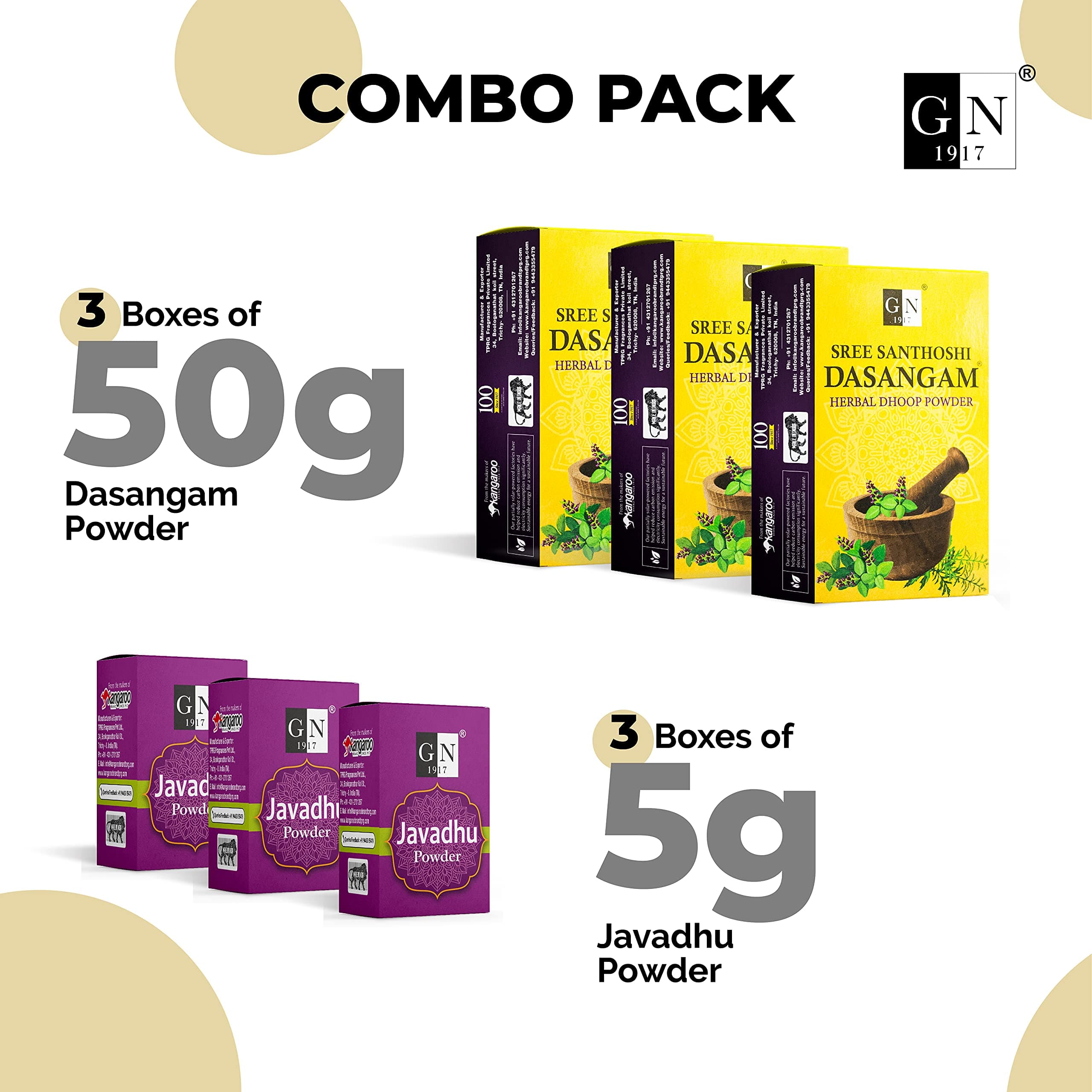 GN 1917 Dasangam & Javadhu Powder Hawan Combo (Premium DIY Value Pack) - (3 Boxes of 50g Dasangam Dhoop Power & 3 Boxes of 5g Javadhu Powder)