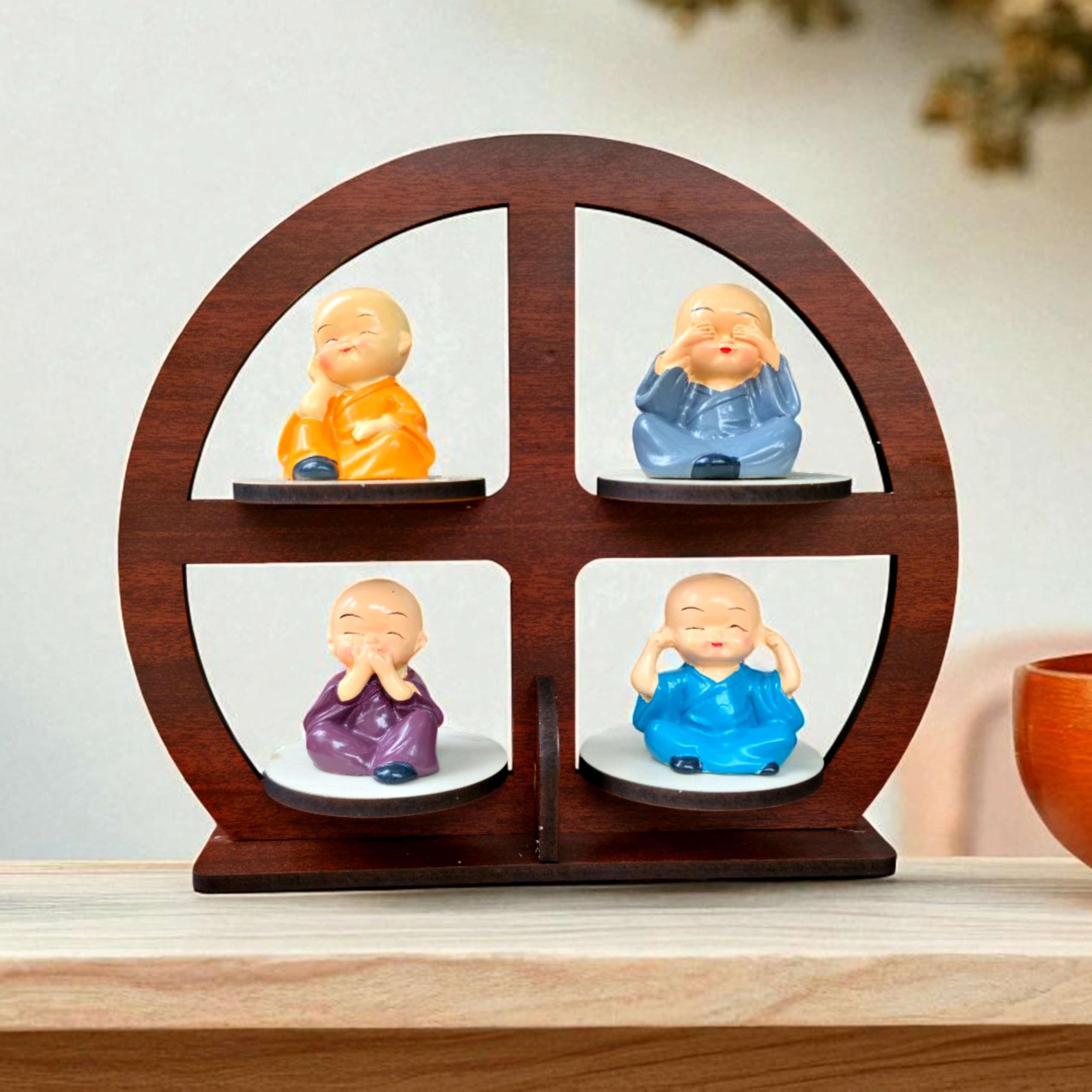 P Arts Buddha Monk Set of 4 Statue Figurines Home Decor Items, Miniature Monk Statues with Wooden Stand, Mini Idol for Living Room, Meditation Spaces, Room Decor