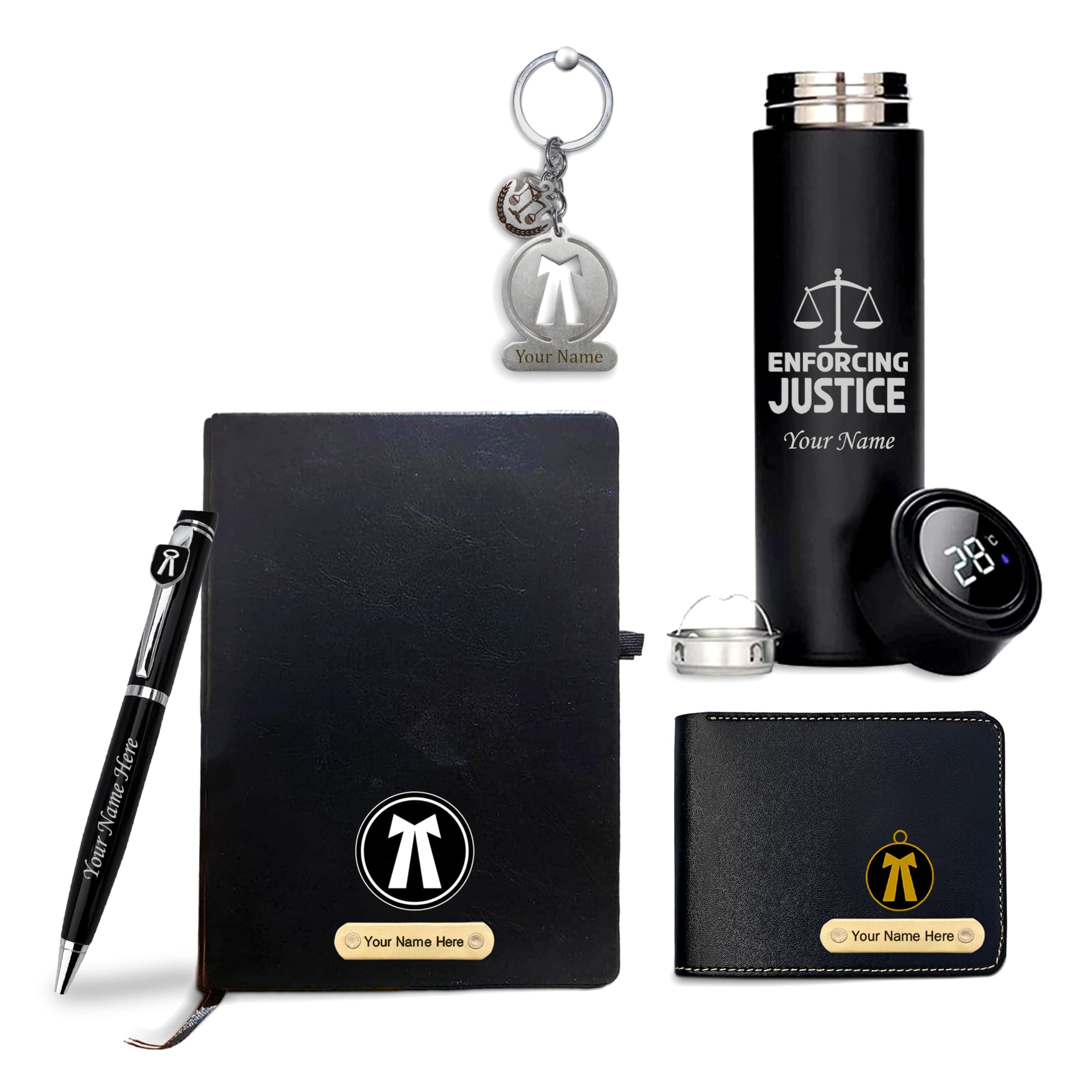 SAVRI Leather Personalized Advocate Gift Set - Keychain, Black Water Bottle, Pen, Wallet & Diary - Custom Corporate Gift with Advocate Name - Gift for Law Students, Graduates