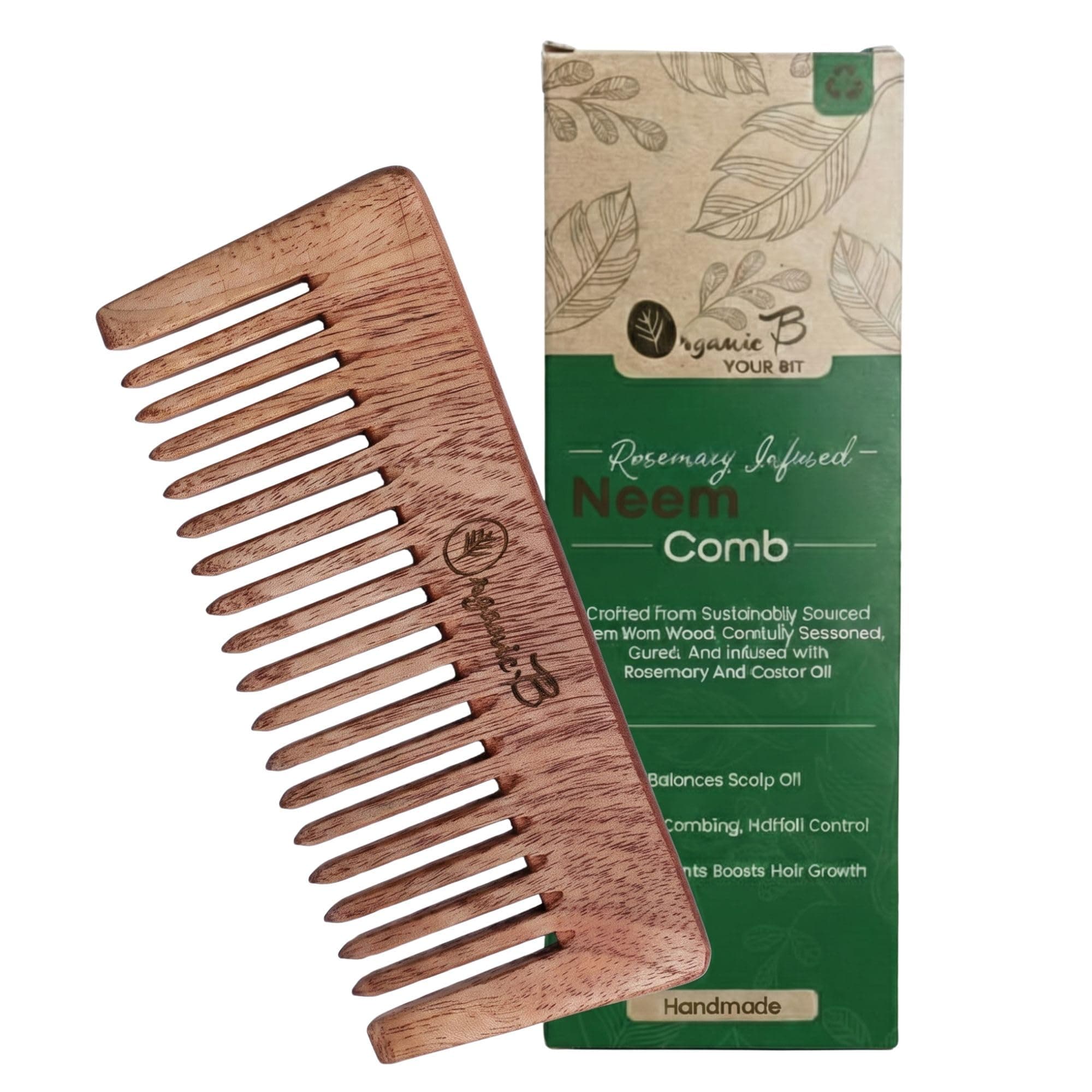 Organic B Handmade Wooden Comb - Wide Tooth Shampoo Hair Comb for Men and Women, Compact Travel-Friendly Anti-Static Neem Wood Comb, Durable Plastic-Free Biodegradable (Rosemary Infused)