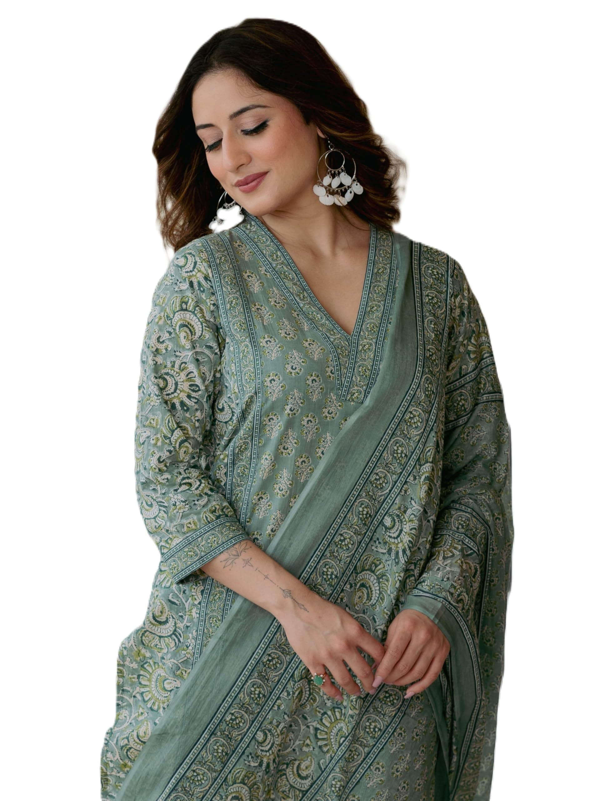 Arayna Women’s Cotton Printed Kurta Set with Pants & Dupatta | Elegant Ethnic Wear for Women | Floral Print | Comfortable Suit Set, Pastel Green, XX-Large