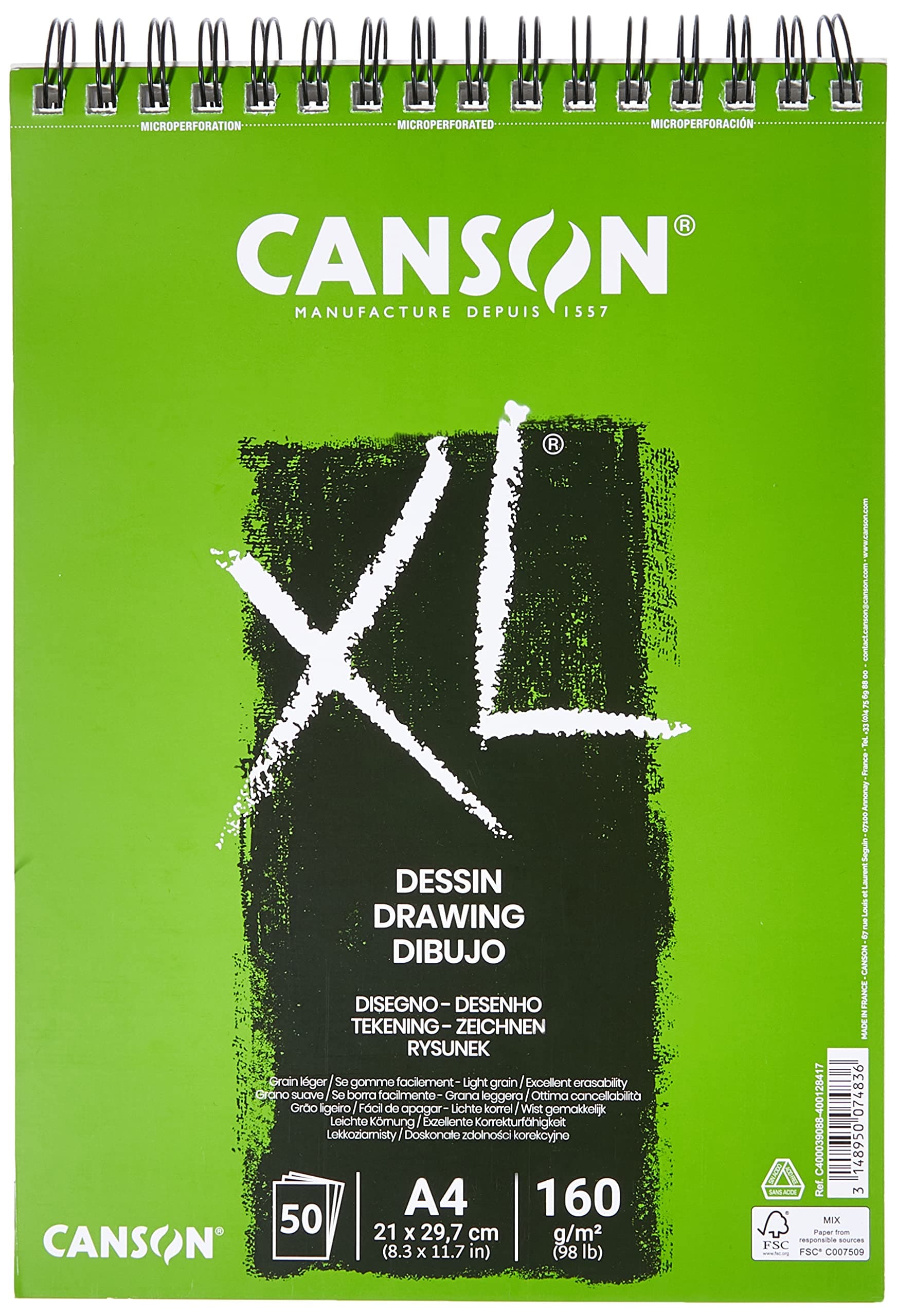 Canson XL Dessin - 50 Sheets - 160gsm - 8.3" x 11.7" (21 x 29.7cm) - A4 - FINE Grain, White (400039088)