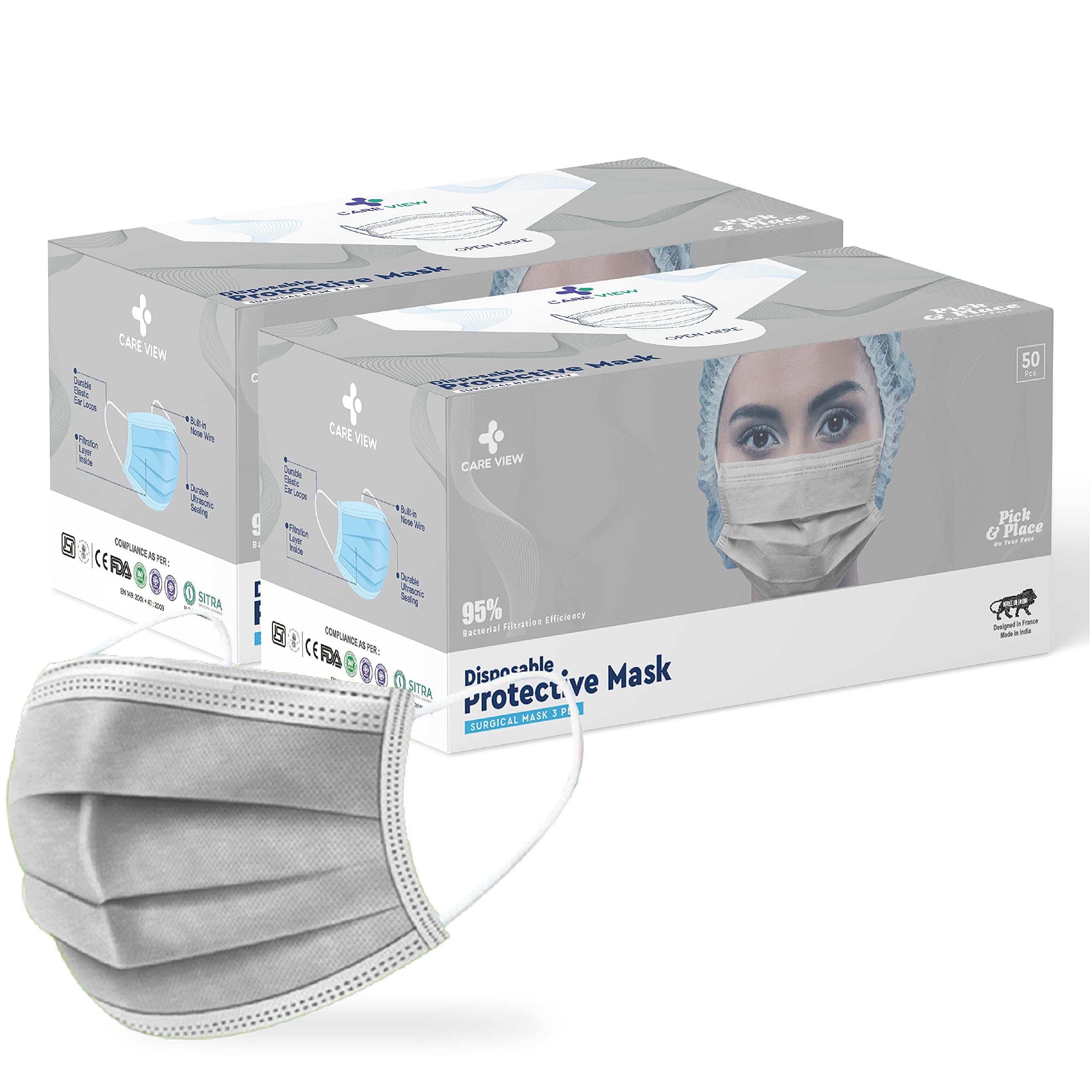 Careview N95 CV2920, SITRA Approved, 3 Ply Colored Disposable Surgical Mask With Built in Metal Nose Pin and 1 Melt Blown Layer (Pack of 50, Grey) (CV2920-Coloured)