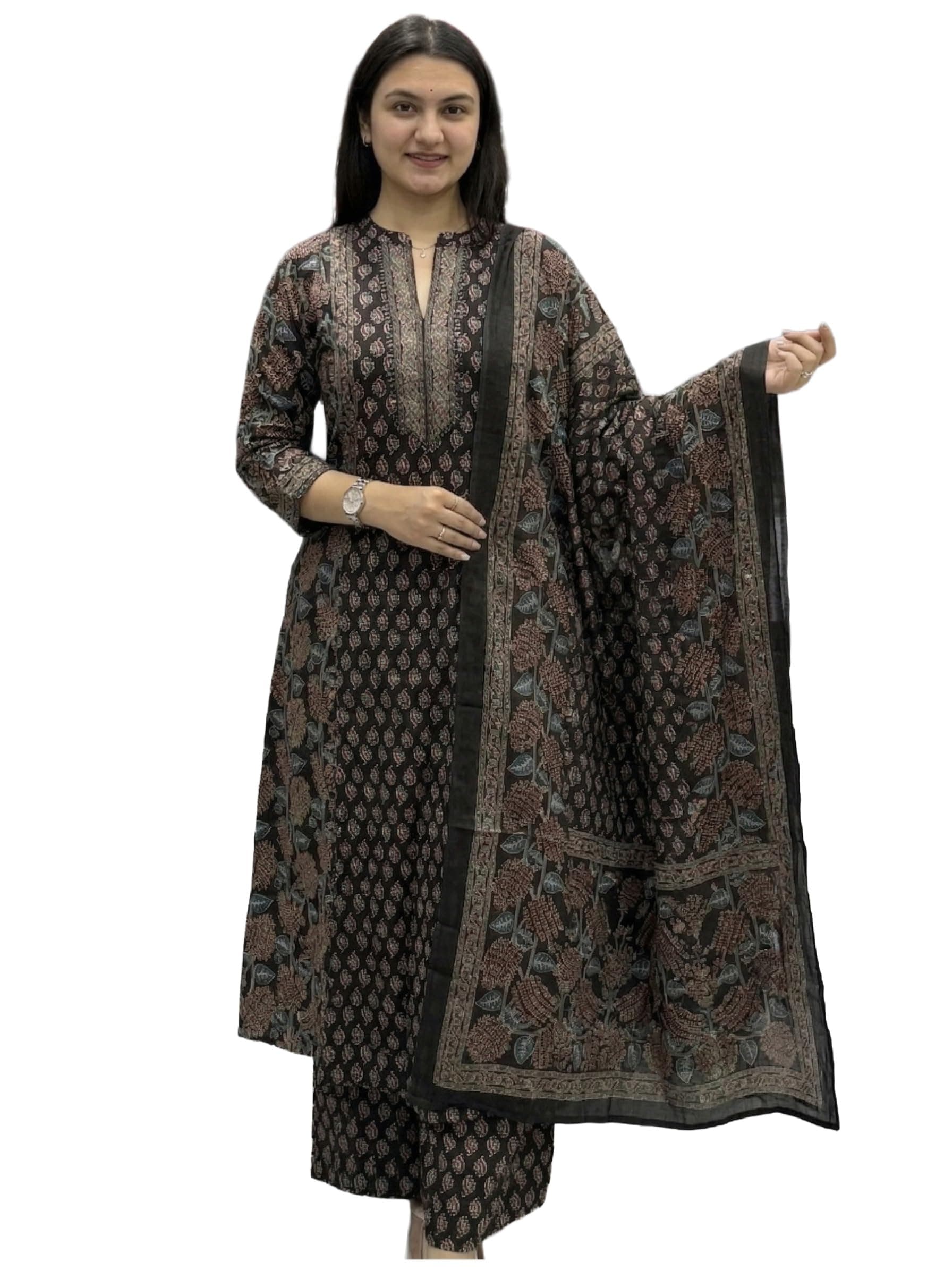 GoSriKi Kurta Sets for Women Viscose Blend Printed | Kurti Set for Woman | Kurta Palazzo Dupatta Set | A Line Kurti | Mandarin Collar 3/4 Sleeve Suit Set for Women Stylish Ethnic Outfit