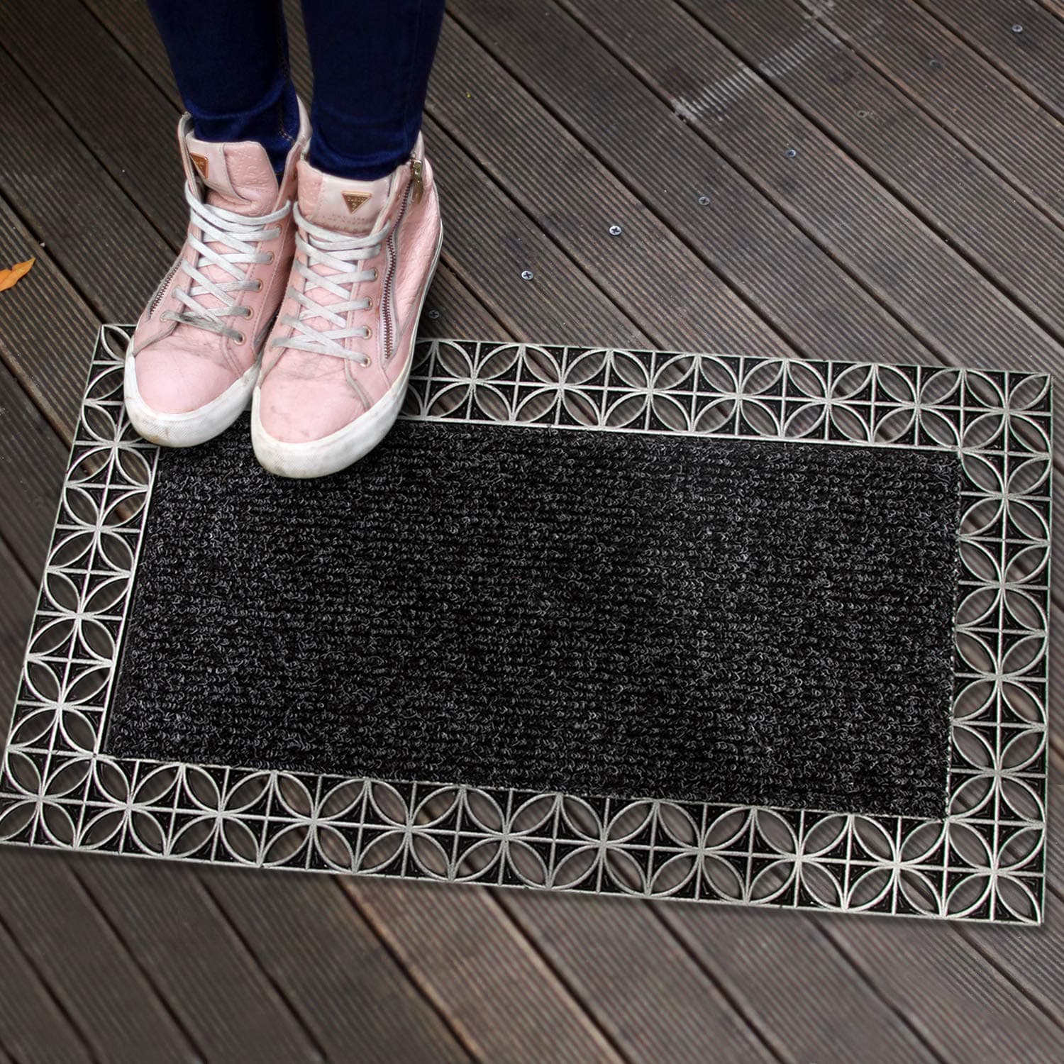 Onlymat Rubber Tray Mat with Water Absorbent Polypropylene Insert, 100% Anti-Skid Rubber Door Mat for Home & Office, All-Season Heavy Duty Foot Mat for Main Door & Bathroom, 40x60cm, Black/Grey
