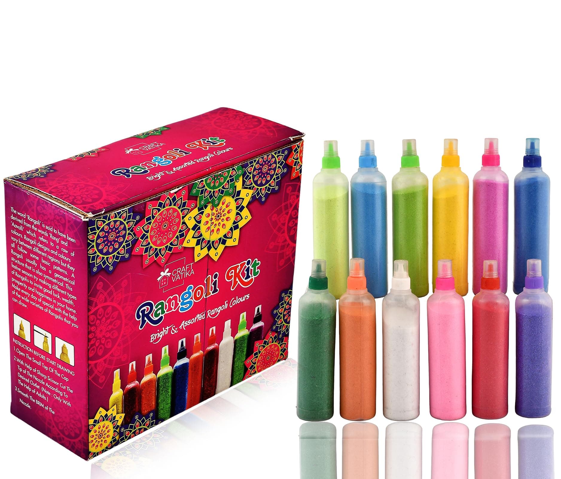 CraftVatika 10 Rangoli Colour Powder Tube Kit Diwali Decoration Items Bottles Tool Floor Art Rang for Home Navratri Pongal Pooja Mandir Decor