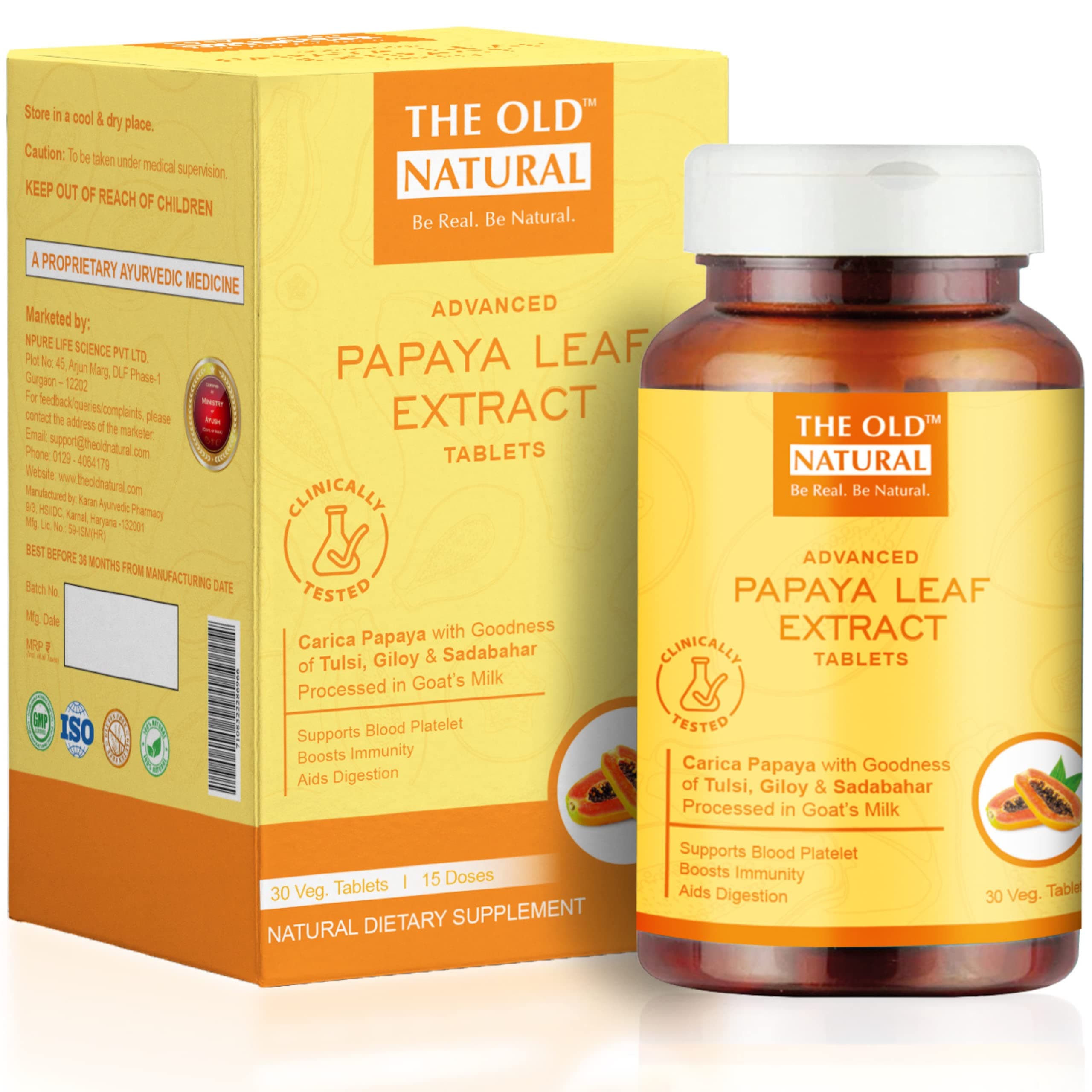 The Old Natural Papaya Leaf Extract Tablets 30 Tablets I papaya leaf extract for platelets | Carica Papaya With Goodness Of Tulsi, Giloy & Sadabahar I Made In Goat Milk I Improve Blood Platelets Count