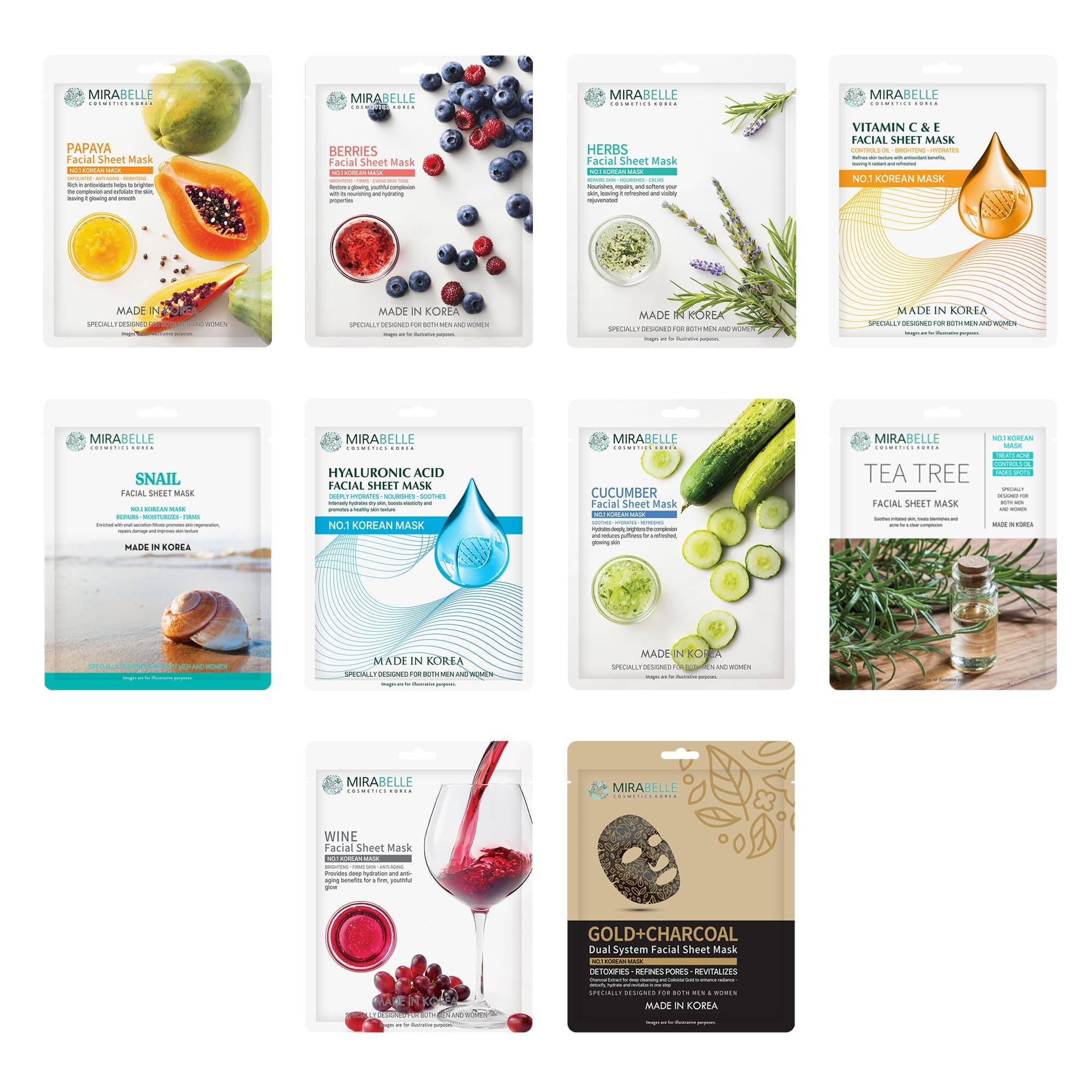 Mirabelle Crystal Clear Skin Facial Sheet Mask | Korean Face Sheet Mask | Acne Control & Soothing | Unisex Combo Pack of 10 (25ml Each)
