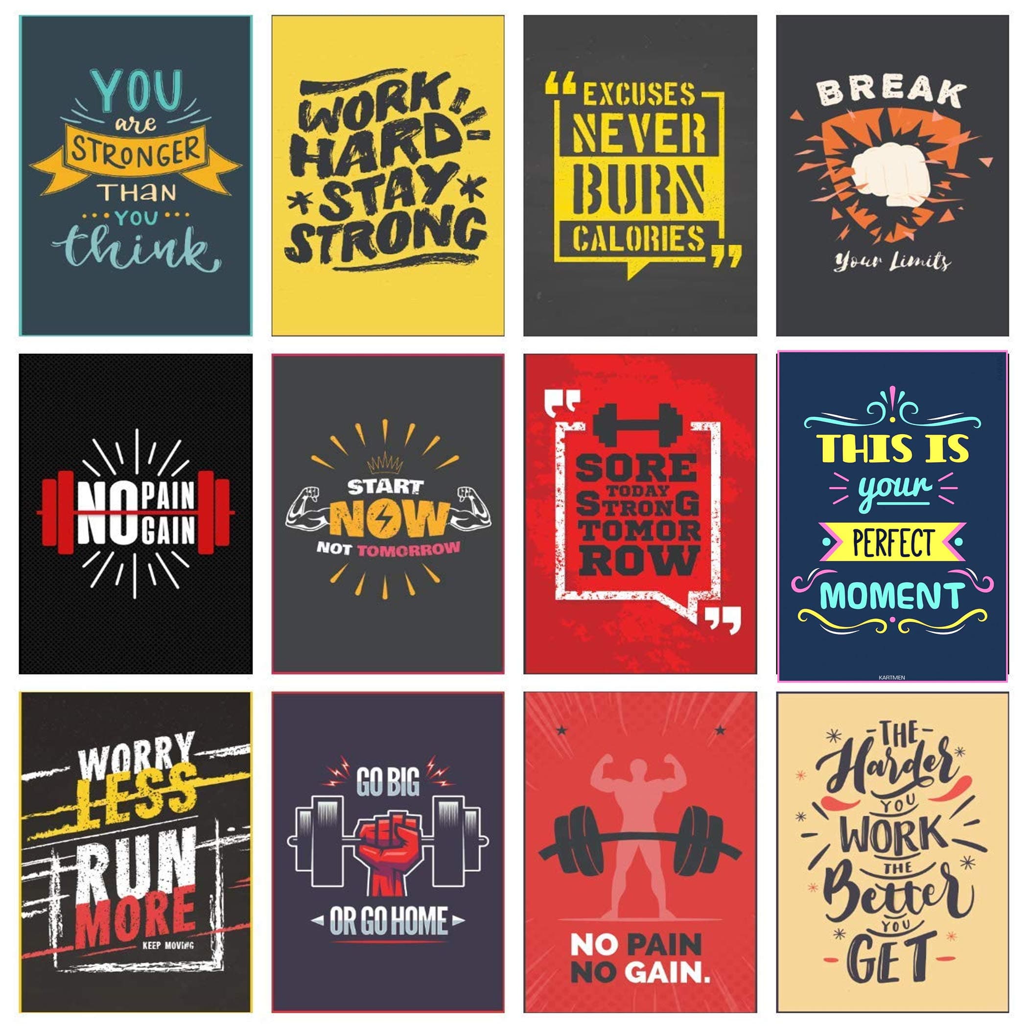 KARTMEN Craft Qila Set of 12 Motivational Wall Poster | Gym Motivational Poster | Inspirational Quotes | HD Wall Posters (12x18-Inches, 300GSM Thick Paper, Multicolour)