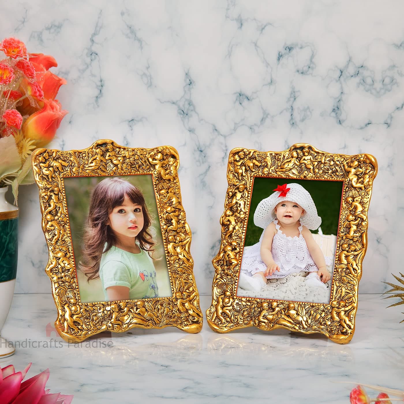 Handicrafts Paradise Metal Photo Frame Pair Antique Golden with Intricate Carving