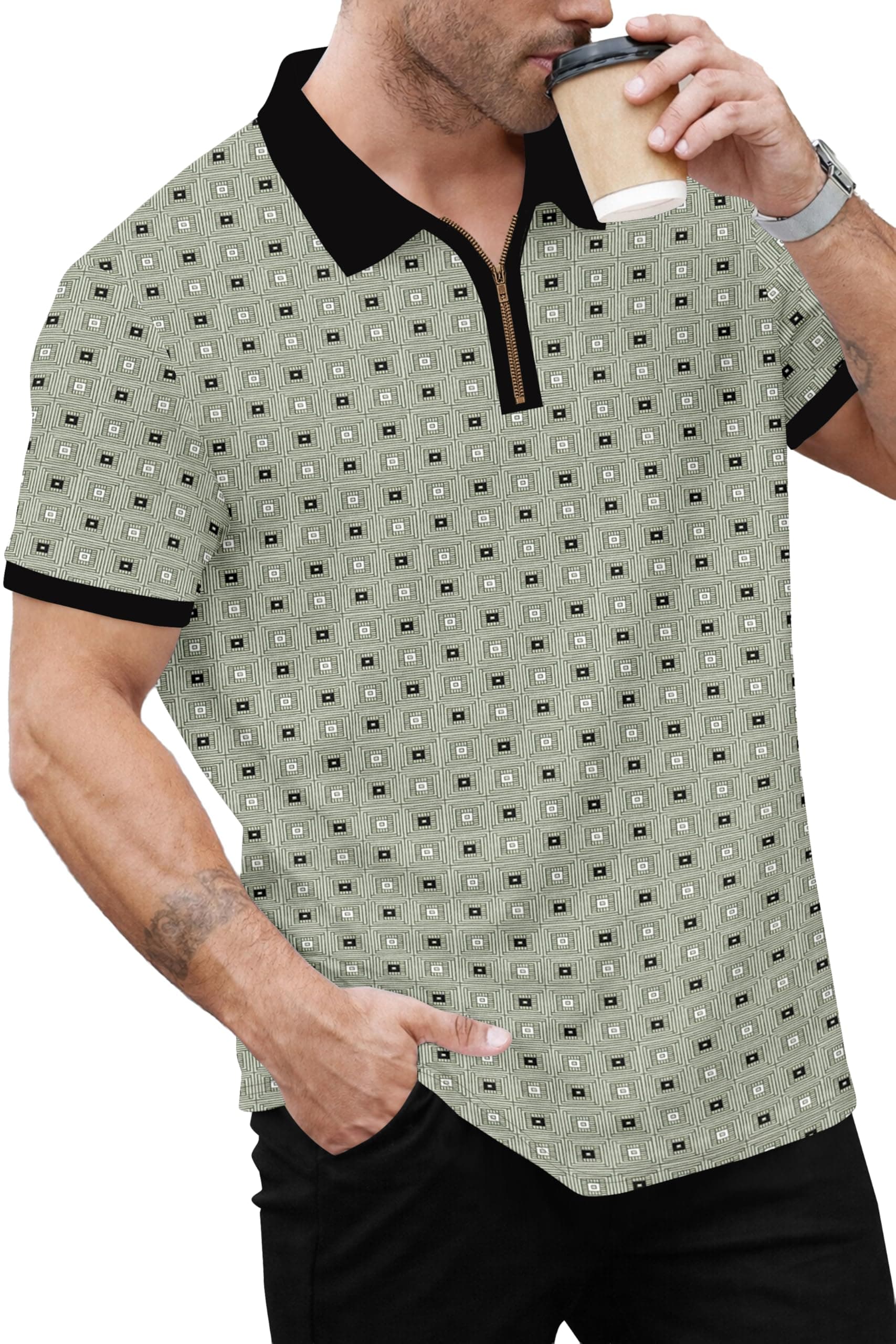 Avix Men's Polo T-Shirt with Zipper Collar, Black and Tan Monogram Pattern, Short Sleeve Casual Shirt (in, Alpha, M, Pista)