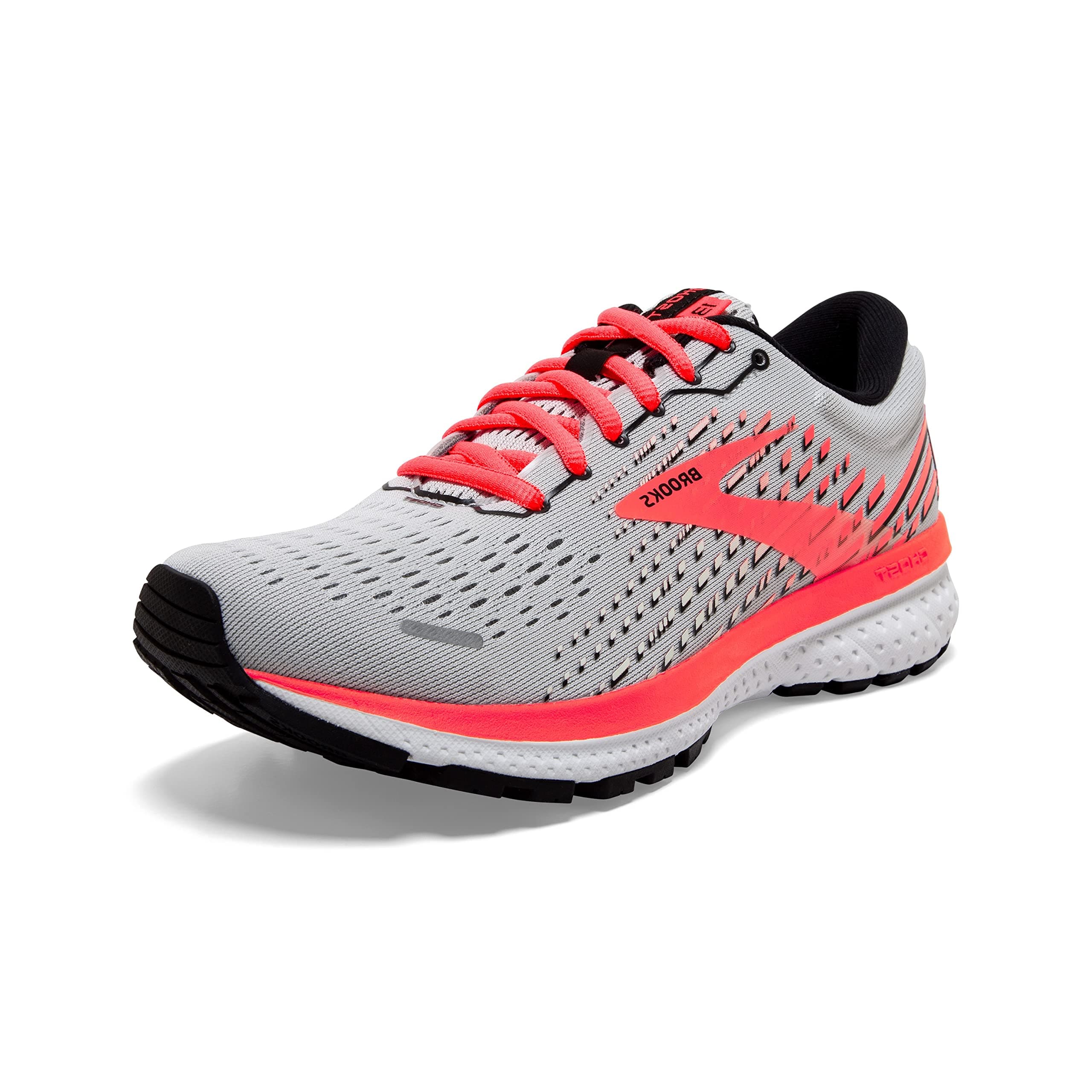 Brooks Womens Ghost 11 Running Shoe, Grey/Fiery Coral/White, 7