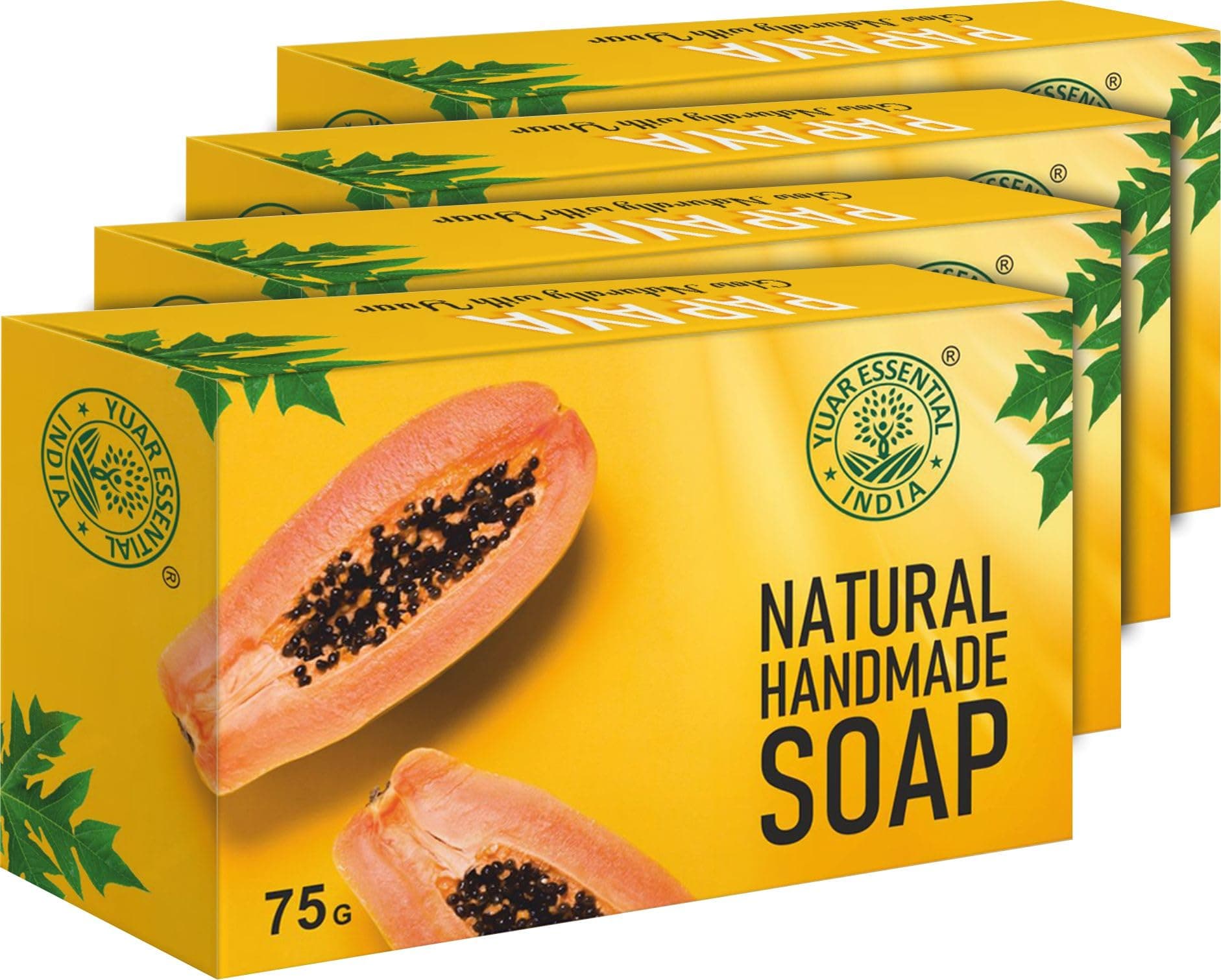 Yuar Essential Natural Handmade Papaya Soap with Tea Tree, Vitamin E & Shea Butter | Brightening, Tan Removal & Gentle Exfoliation | For All Skin Types | 4 × 75g | Pack of 4