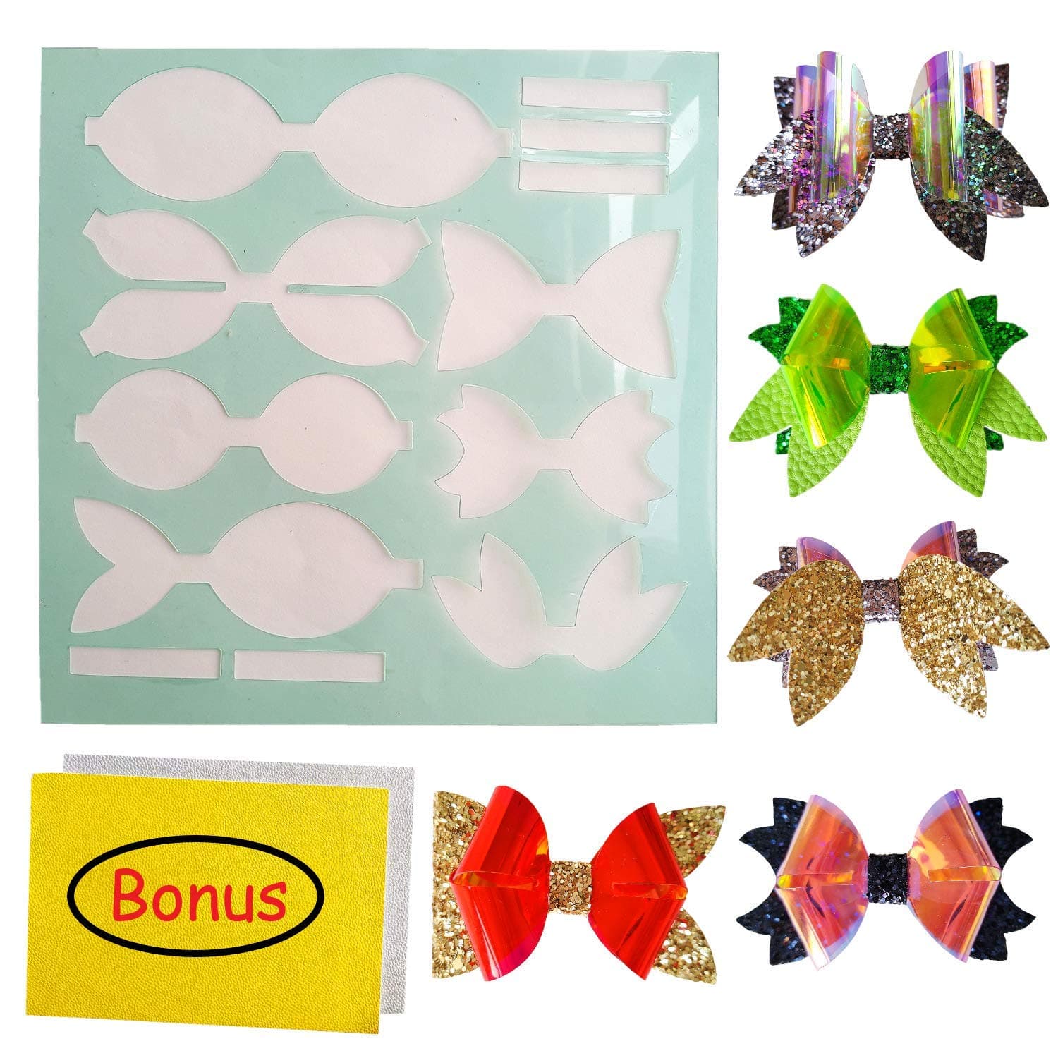 SHUANGART Reusable Faux Leather Bows Making Template,4 Kinds of Bow Styles Plastic Cutting Stencil for DIY, Add 2 pcs A4 Size Vinyl Fabric Sheets for Free(Random Colors)