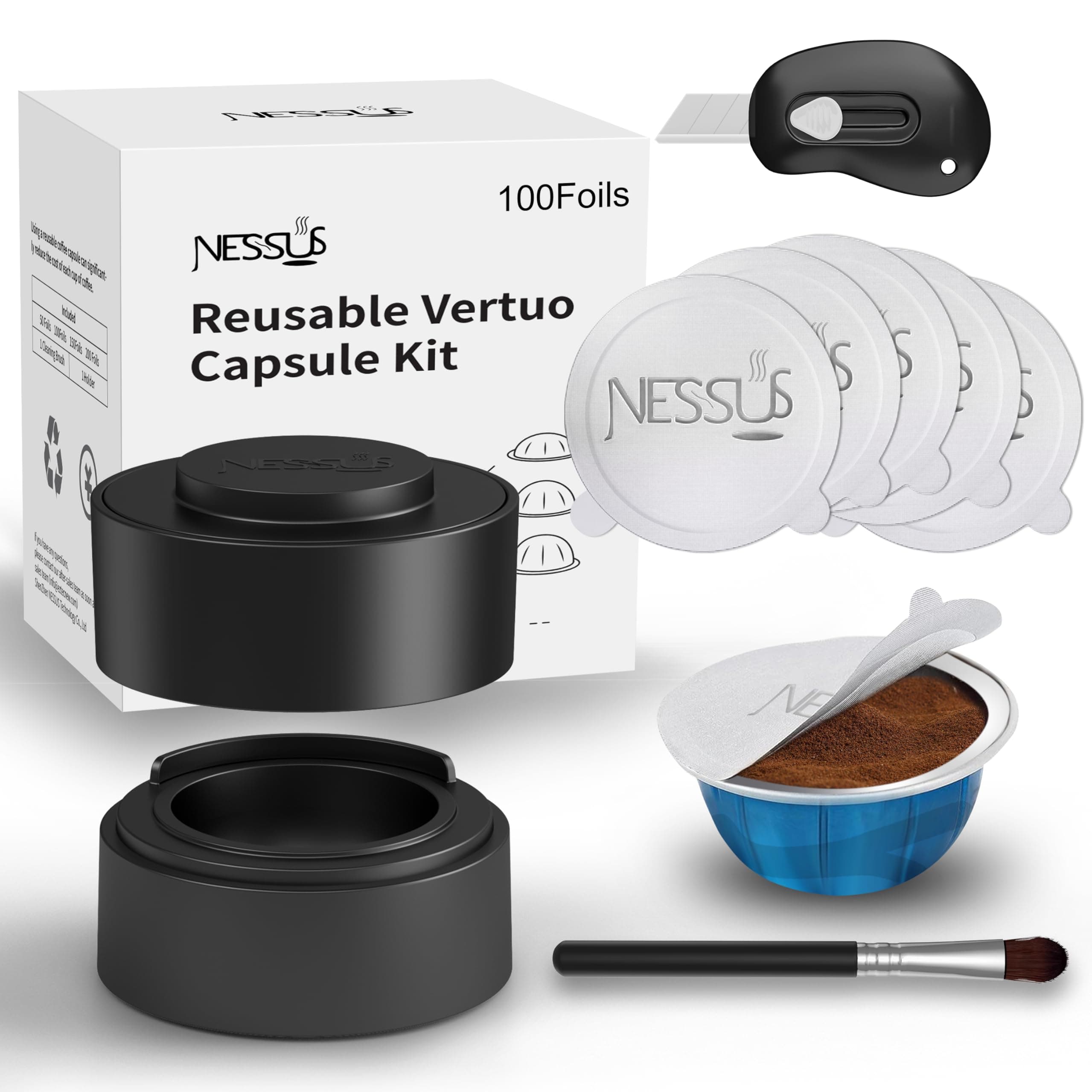 Nessus Reusable Vertuo Capsule Kit [ALSeal EZ FIT]designed for Nespresso VertuoLine Capsules with 100Pcs Aluminum Foil Seals Lid, Holder and Brush, Fits for Refill Vertuo Pods Reusable Vertuoline Pod