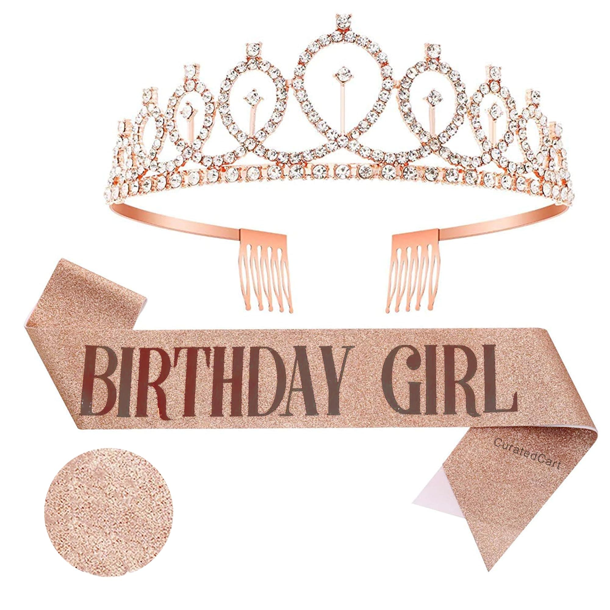 Curated Cart Crystal Crown for Women and Girls - Elegant Rose Gold Glitter Birthday Girl Sash Set with Sparkling Tiara, Perfect for Birthday Parties, Bridal Showers, and Special Occasions