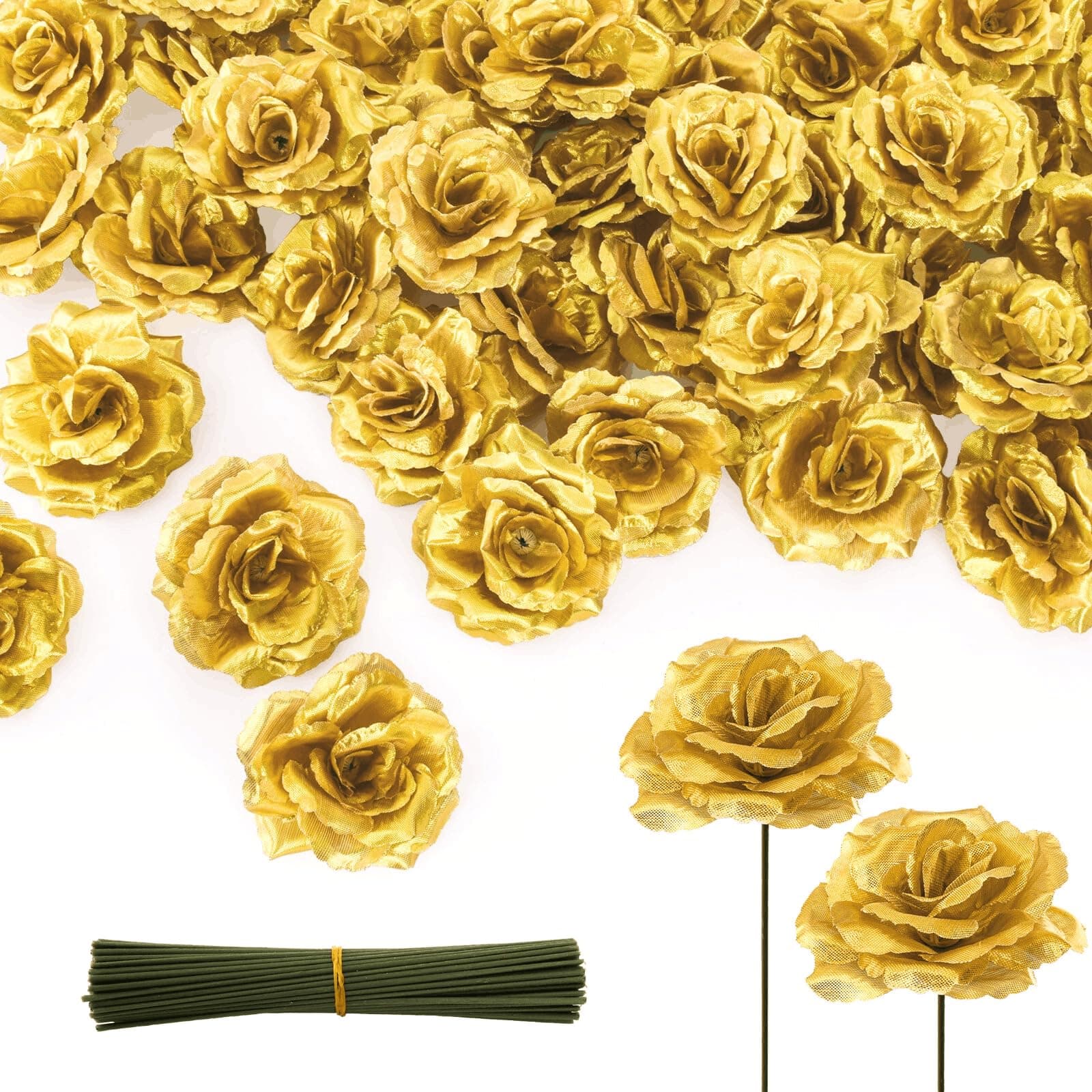 Youeon 100 Pack Artificial Rose Flower Head, 3.5 Inch Silk Rose Flowers Head in Bulk, Faux Rose Flowers, Gold Flower Heads for Centerpieces, Flower Wall, DIY Crafts, Wedding Bouquets, Party