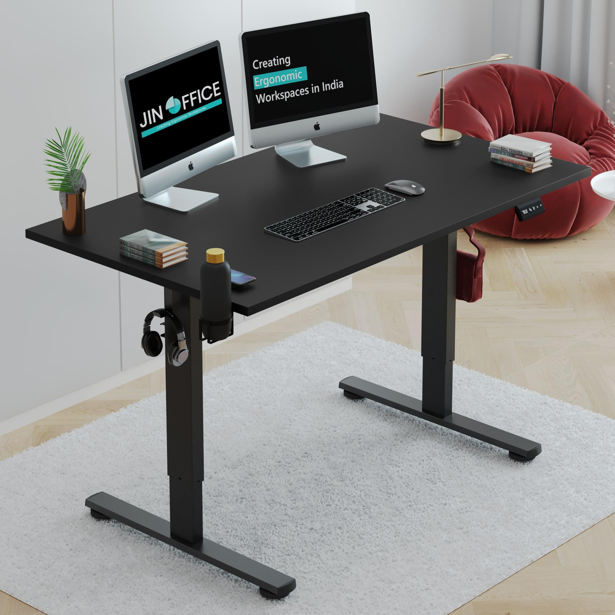 JIN OFFICE Octave Height Adjustable Desk Electric | 80 Kg Wt. Cap, 2 Year Warranty| Standing Desk with Memory Preset, Cup Holder| Stability Crossbar