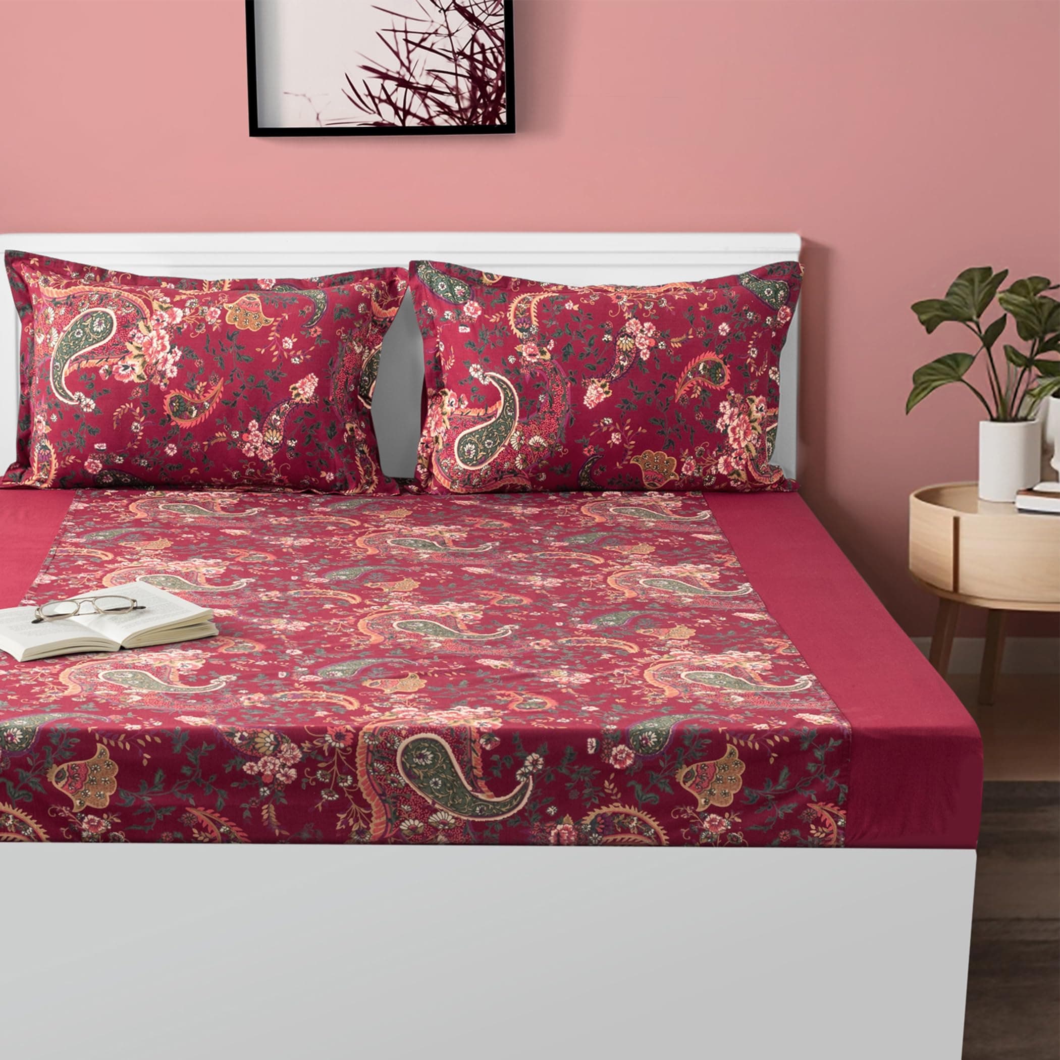 Swayam Pure Cotton Double Bedsheet with 2 Pillow Covers | Size 90 x 108 inch | 200 TC | Ethnic Motifs Design | Soft Breathable Bed Sheet | Comfortable & Durable for Bedroom - Maroon