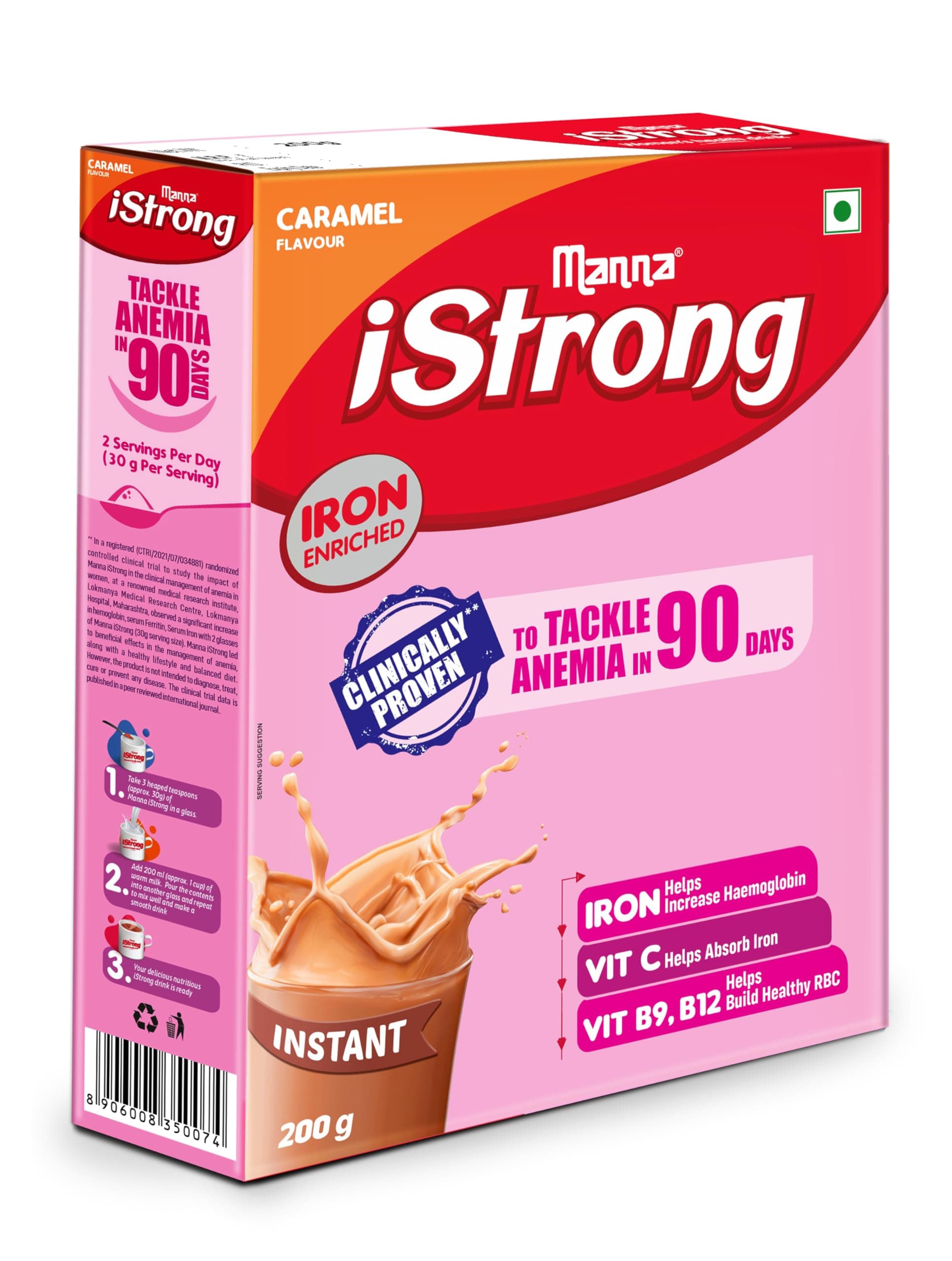Manna iStrong Nutrition Drink Iron Supplement for Women, Clinically Proven to fight Anemia in 90 Days. Caramel 200g
