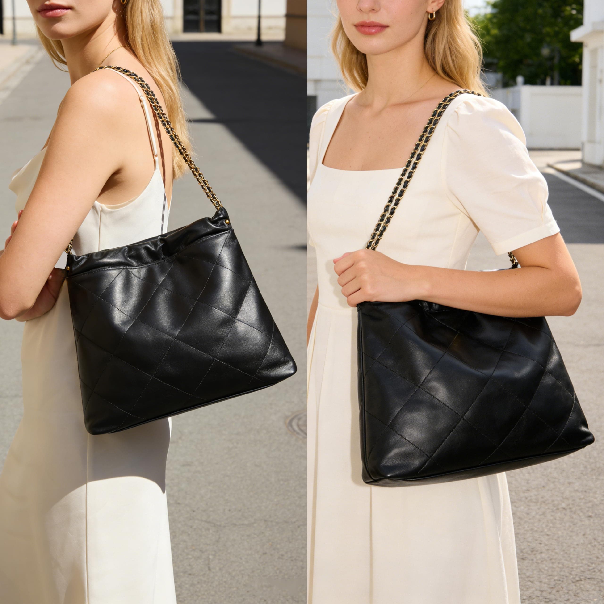 DORIS&JACKY Quilted Leather Tote Bag for Women, Soft Lambskin Designer Shoulder Hobo Chain Purse with 1 Small Clutch