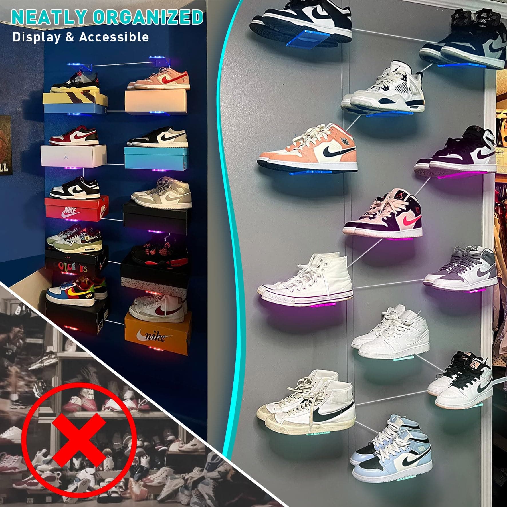 SIPRDE Floating Shoe Shelf for Wall with Lights Set of 4