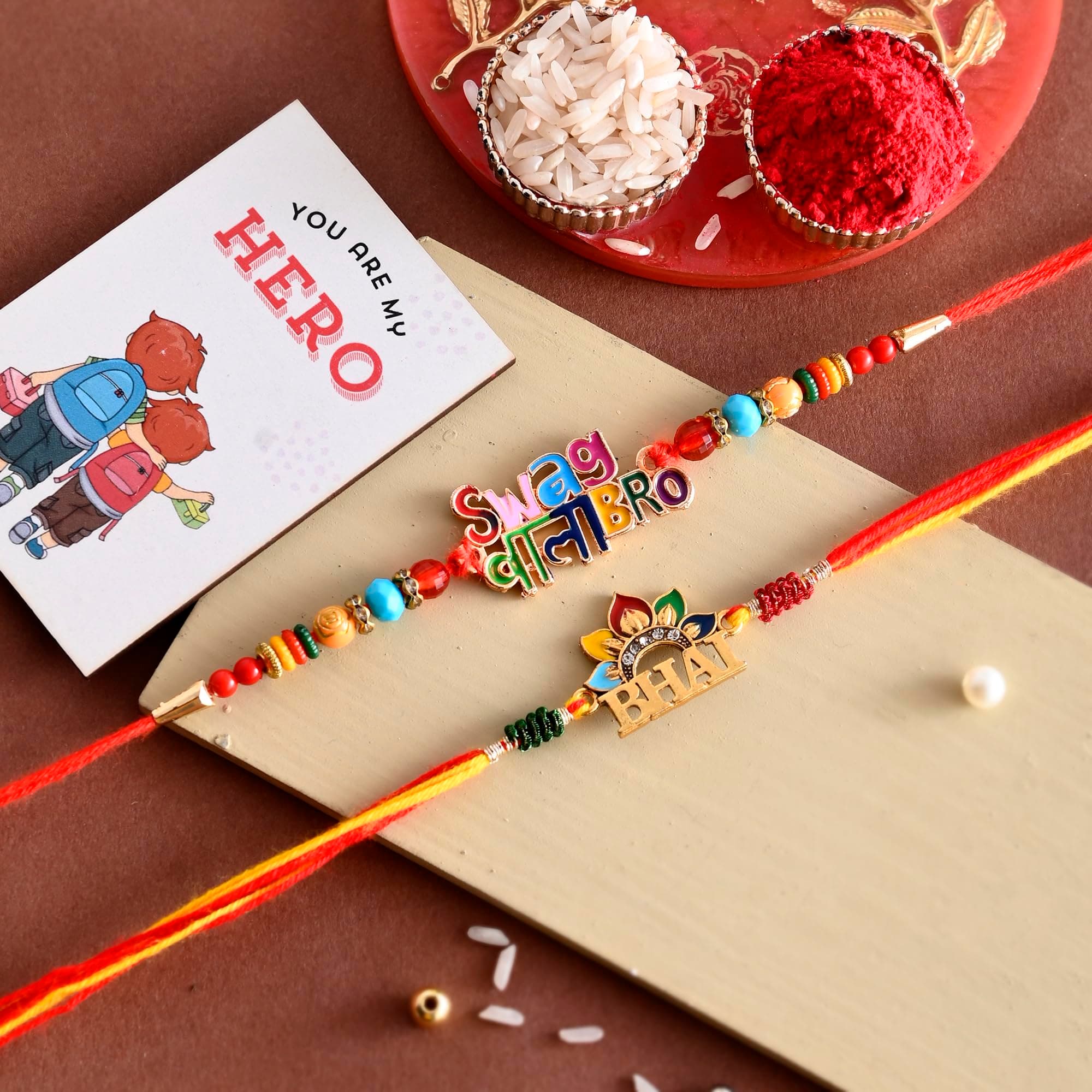 ascension Boy's Set of 2 Bhai Swag Wala Bro Rakhi Combo for Brother Bhaiya Bhabhi Rakhis for Raksha Bandhan Gift for Bro Sister with You are My Hero Fridge Magnet & Roli Tilak