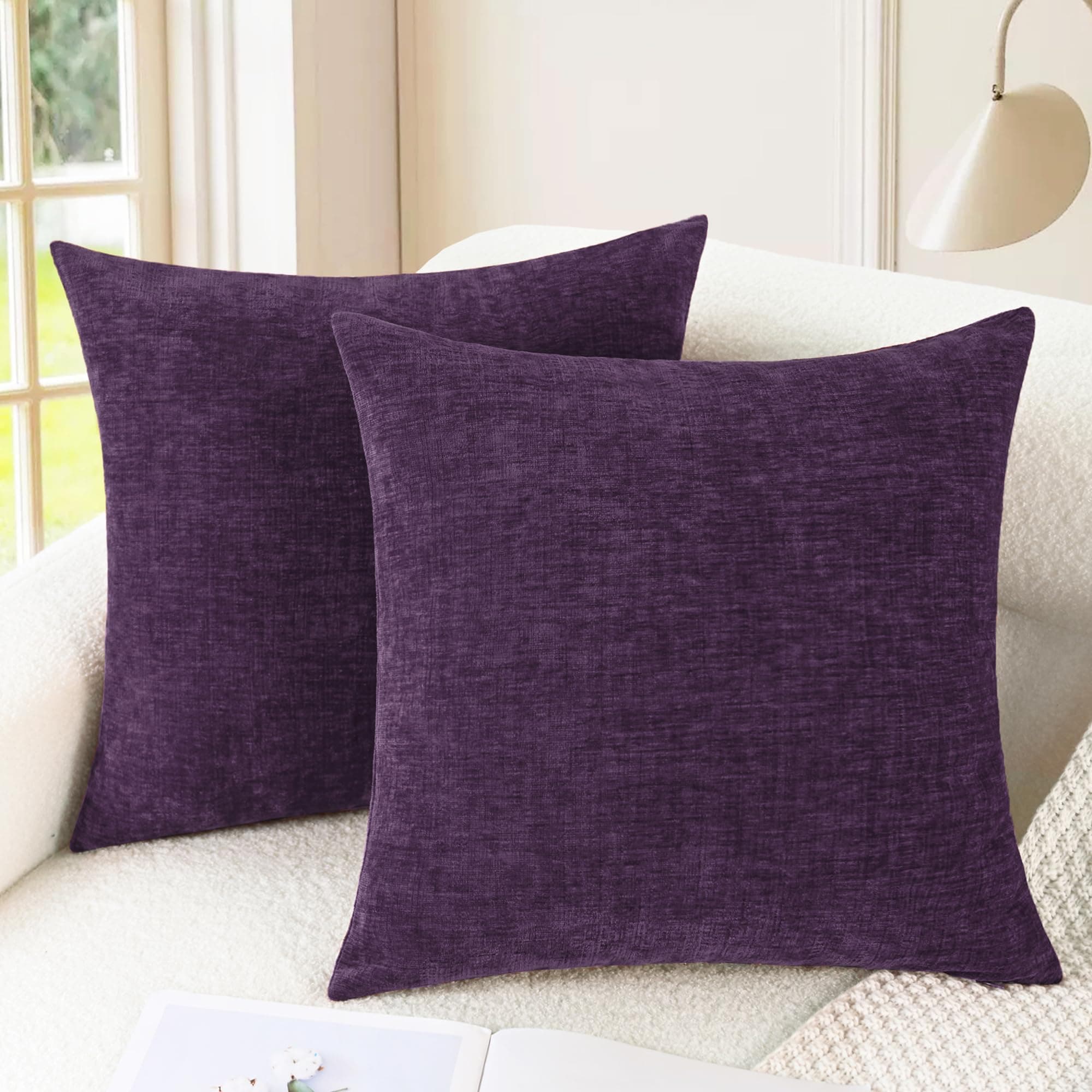 Pack of 2 CaliTime Throw Pillow Covers Cases for Couch Sofa Home Decor, Solid Dyed Soft Chenille, 18 X 18 inches, Deep Purple