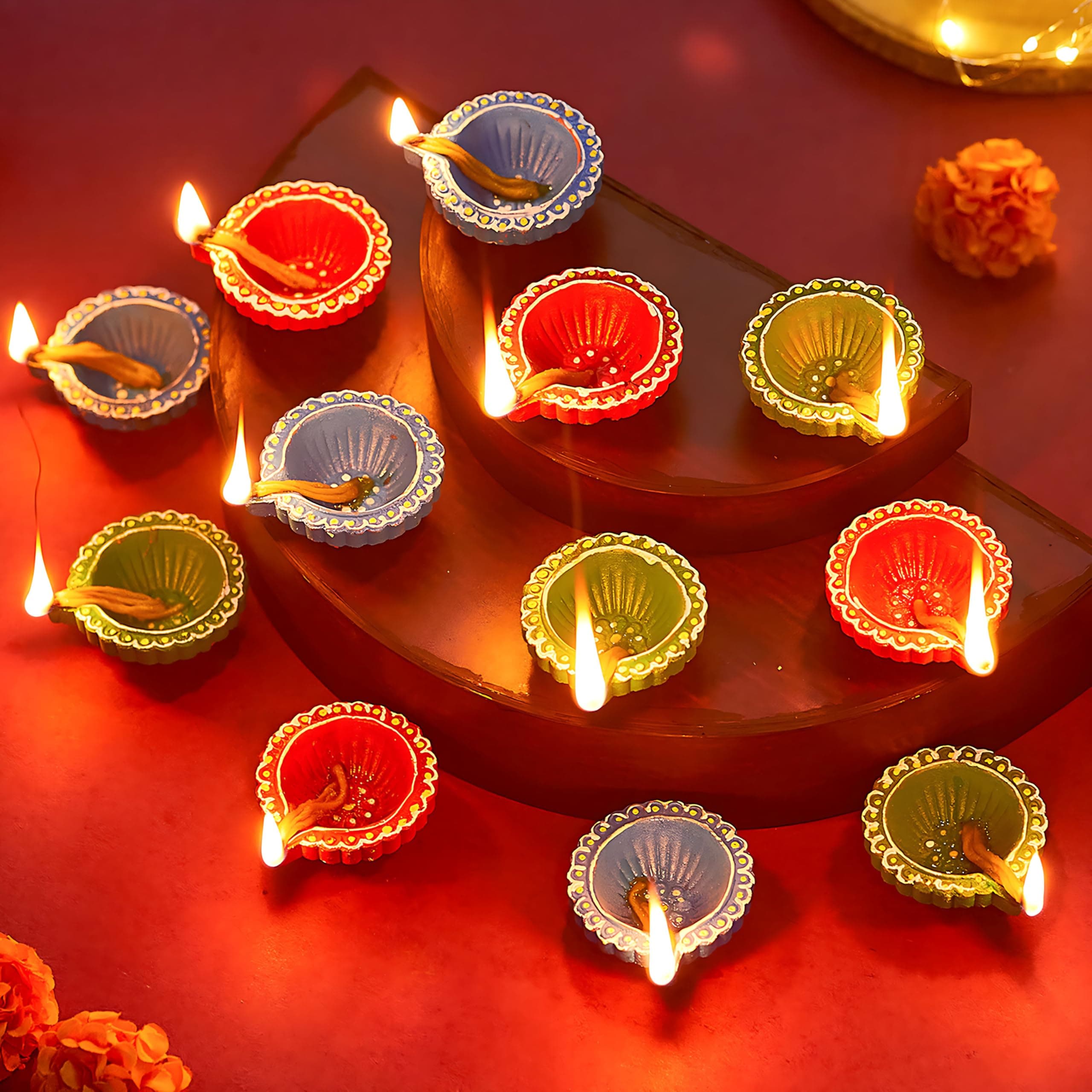TIED RIBBONS Pack of 18 Large Handmade Clay Diwali Diya s Earthen Oil Lamp Diwali Diya (Multi, 6 cm x 2 cm) for Diwali Decoration Home Puja Office Pooja Room Mandir Temple Table Dipawali Decor Items