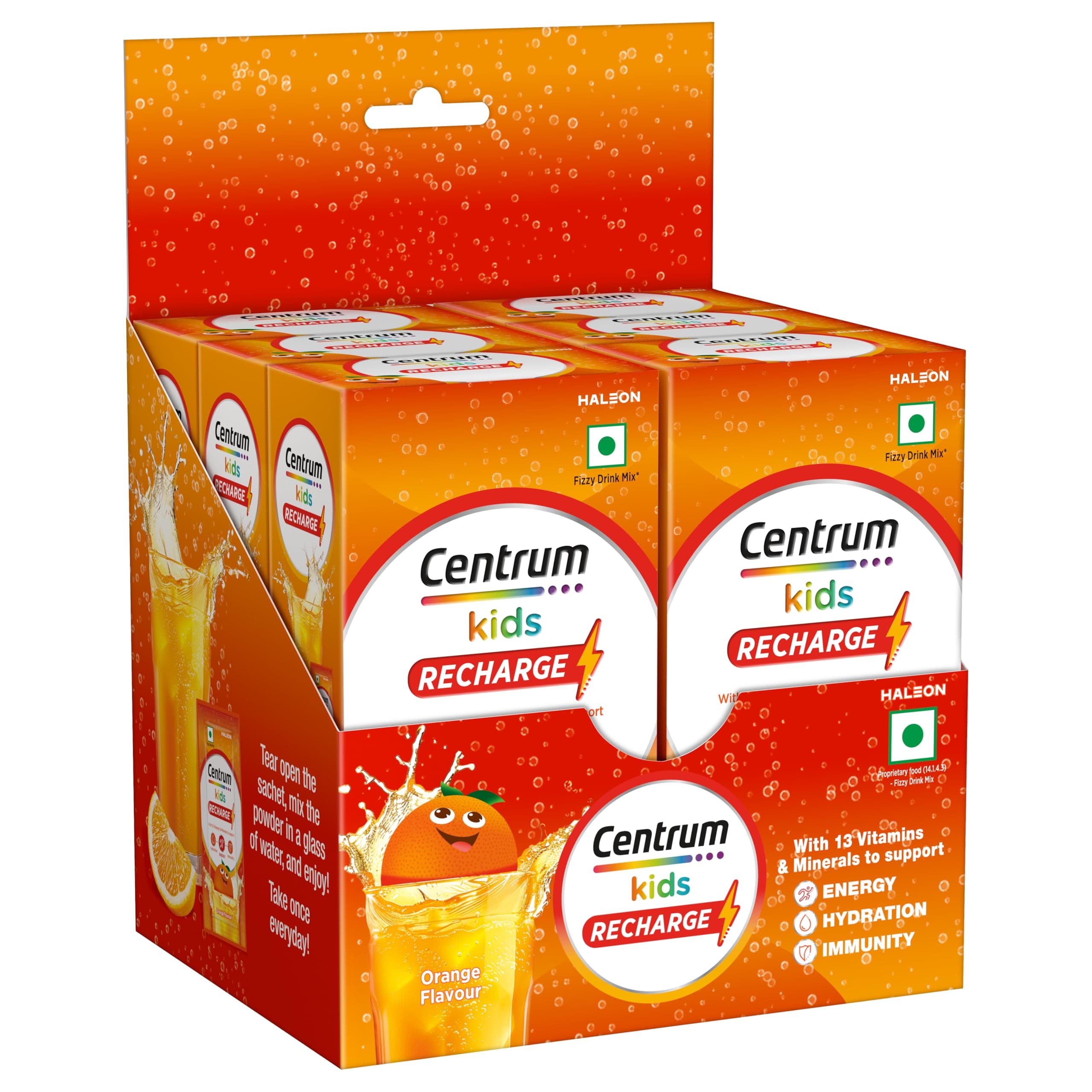 Centrum Kids Recharge: Tasty Fizzy Drink Mix for Energy, Immunity, Hydration - Anytime, Anywhere!! - ORANGE FLAVOUR - Pack of 36 sachets