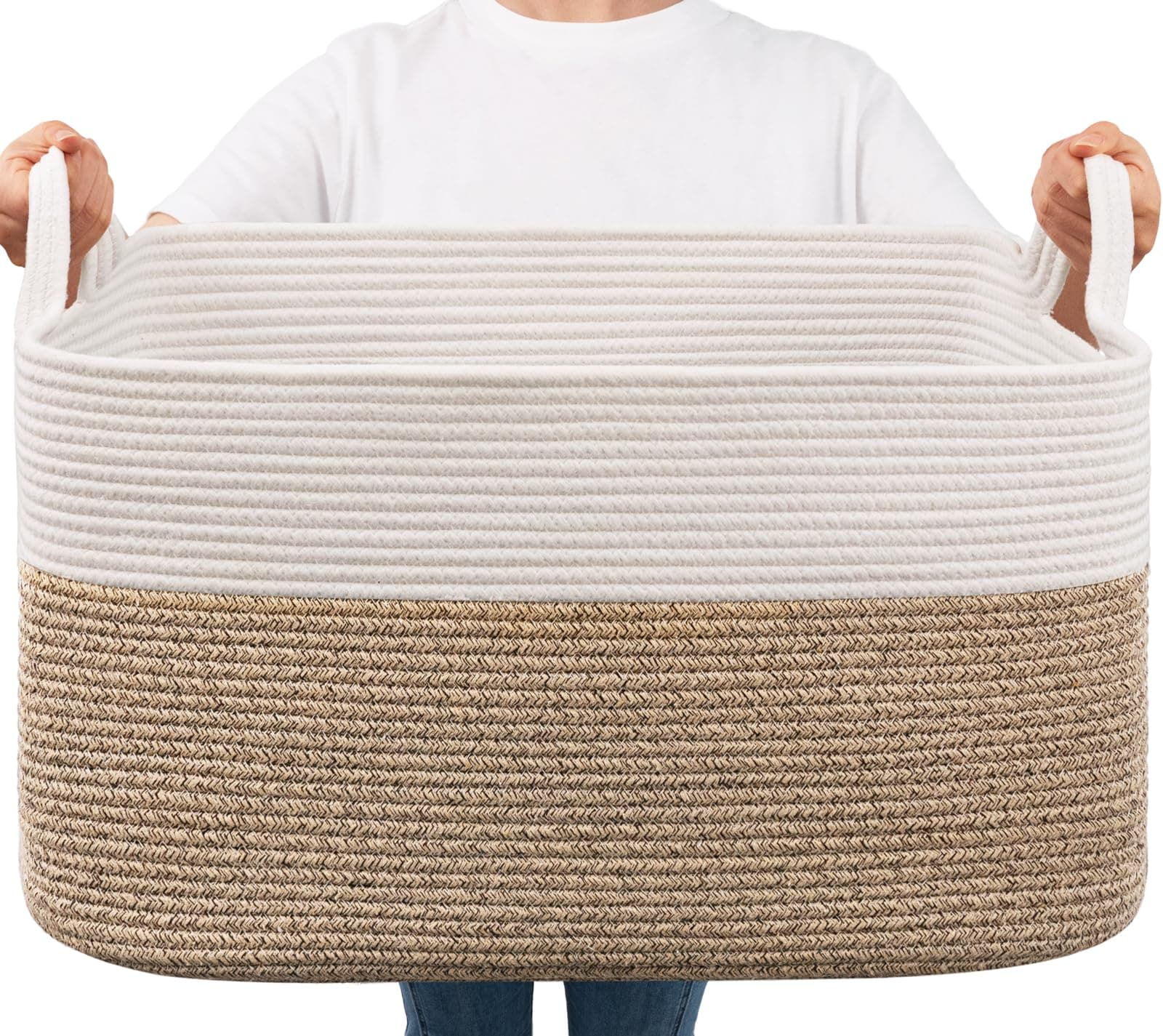 Goodpick Large Blanket Basket, Woven Basket for Storage Rectangle Dirty Clothes Basket for Laundry, Living Room, Nursery, Bedroom Rope Storage Basket for Blankets, Toys, 21.6" x 14.9" x 11.8", 65L