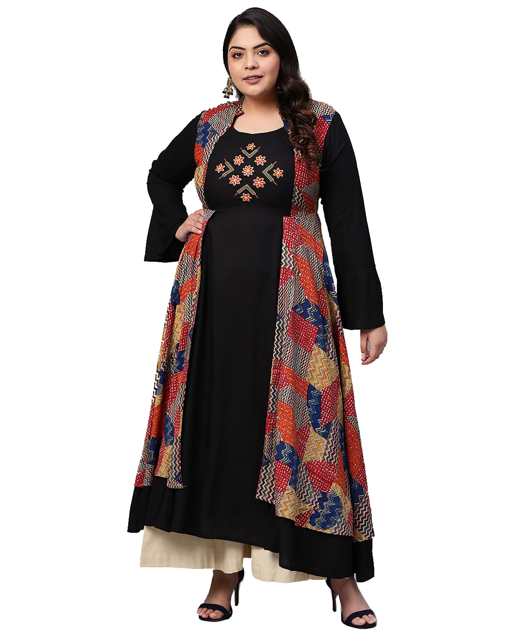 Yash Gallery Women's Relaxed Fit Anarkali Shrug Style Printed Embroidered Kurta