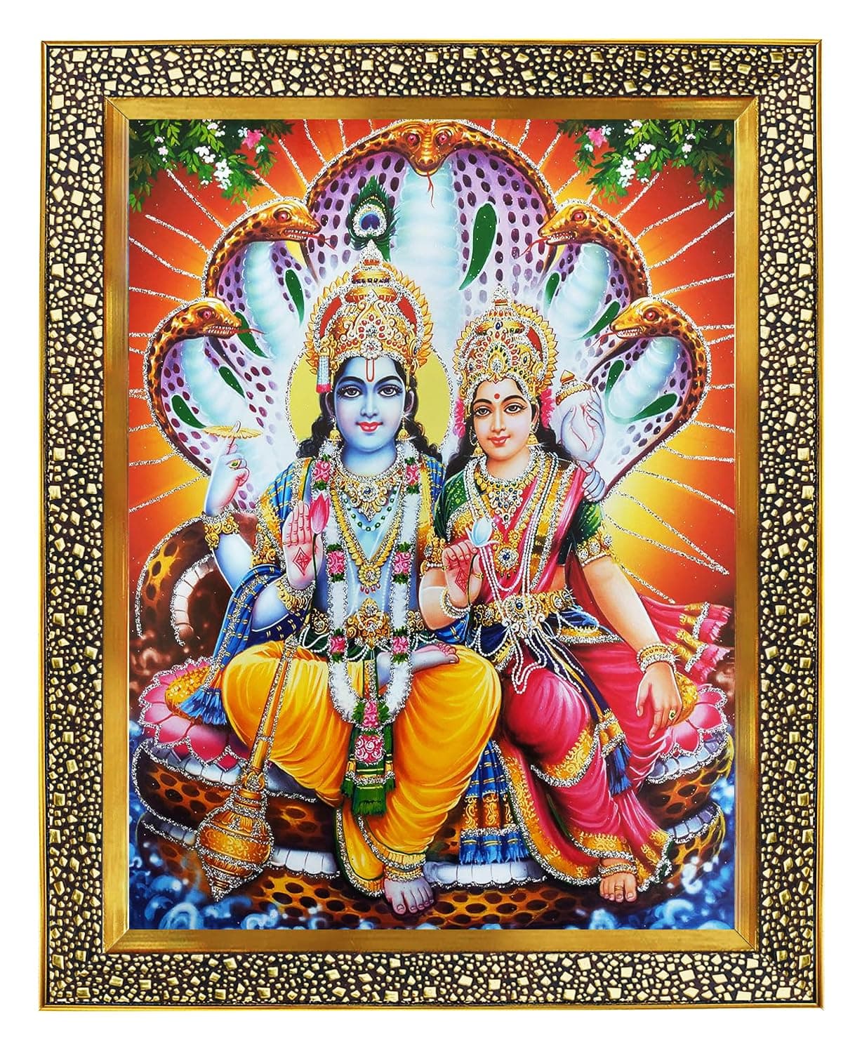 Khanna Koshtak Vishnu Laxmi Ji Sitting On Sheshnag Religious Photo With Golden Frame & Acrylic Sheet Glass For Wall Hanging/Gift/Temple/Puja Room/Home Decor & Worship