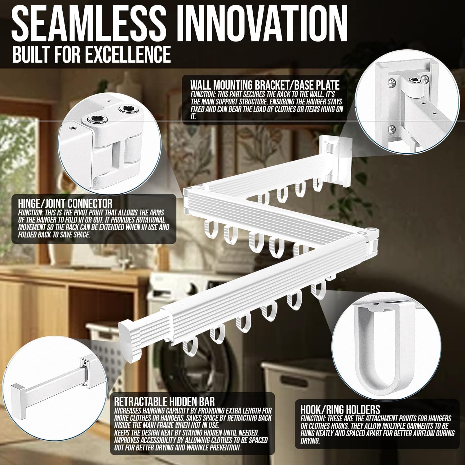 MODERNOIKOS Wall Mounted Drying Rack for Laundry - Foldable Clothes Hanger Dryer with 180° Swivel, 220 lb Capacity, Aluminum Construction, Space-Saving Indoor Outdoor Organizer - White